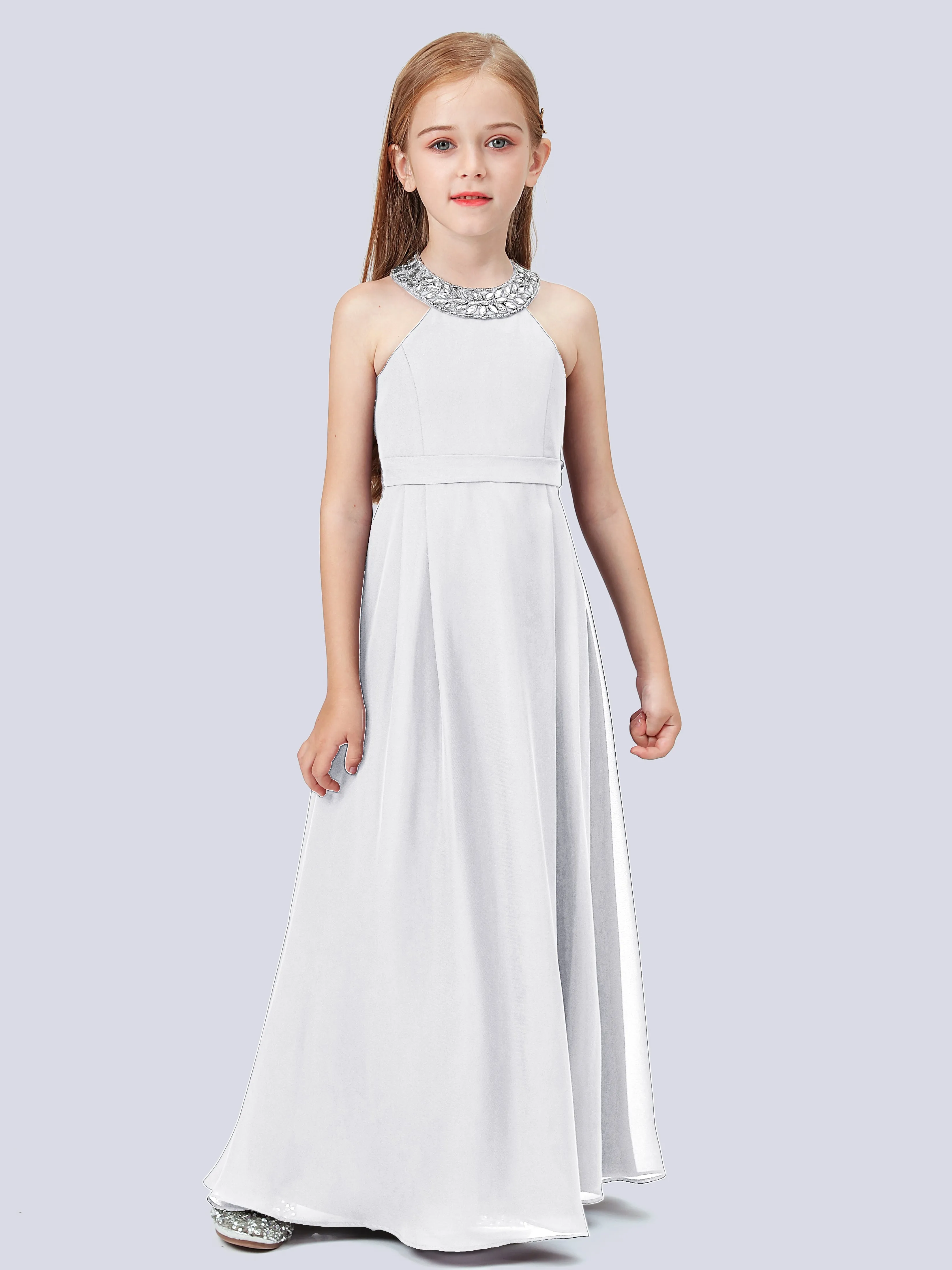 Chiffon Junior Bridesmaid Dress with Beaded Neckline