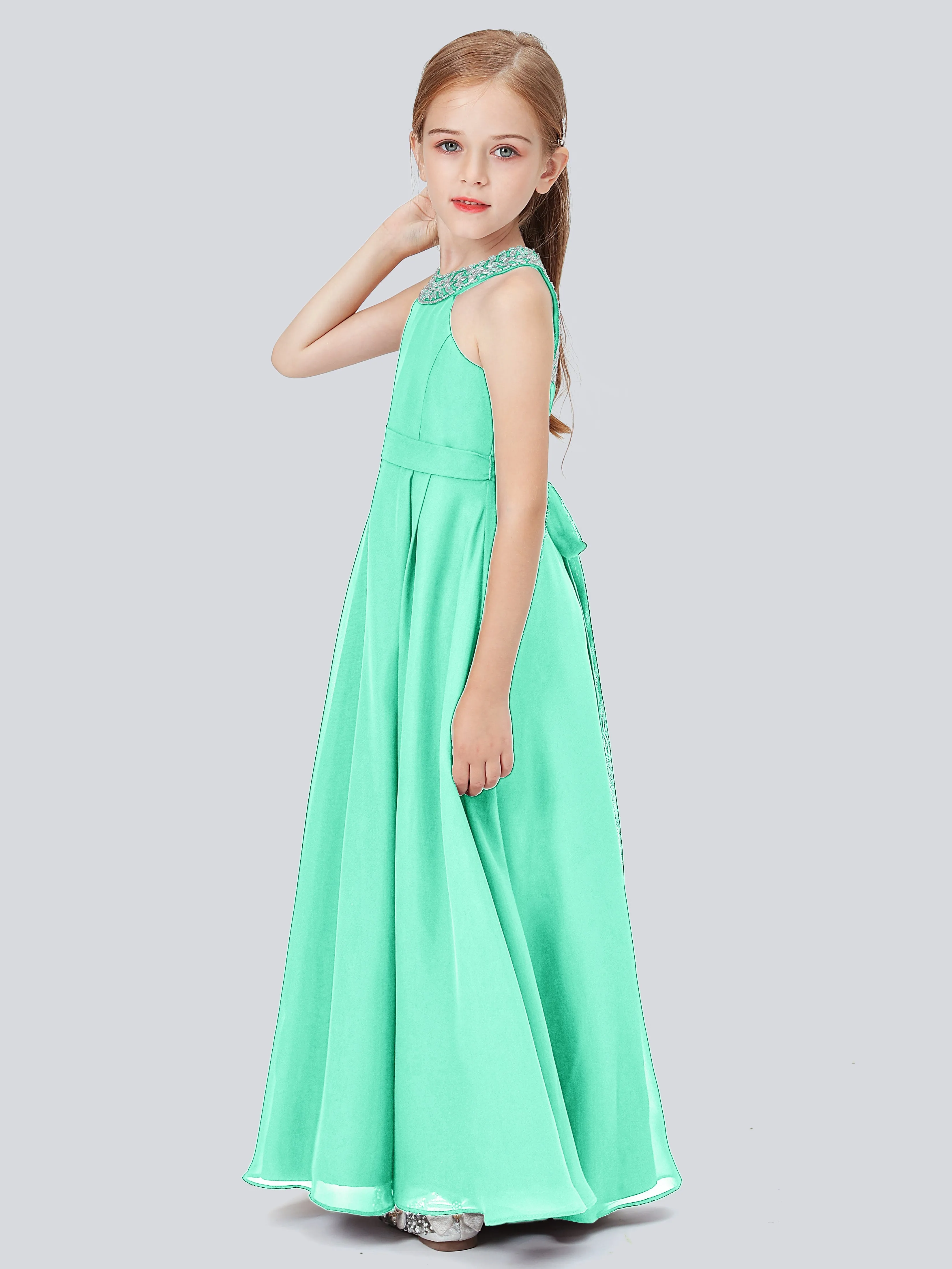 Chiffon Junior Bridesmaid Dress with Beaded Neckline