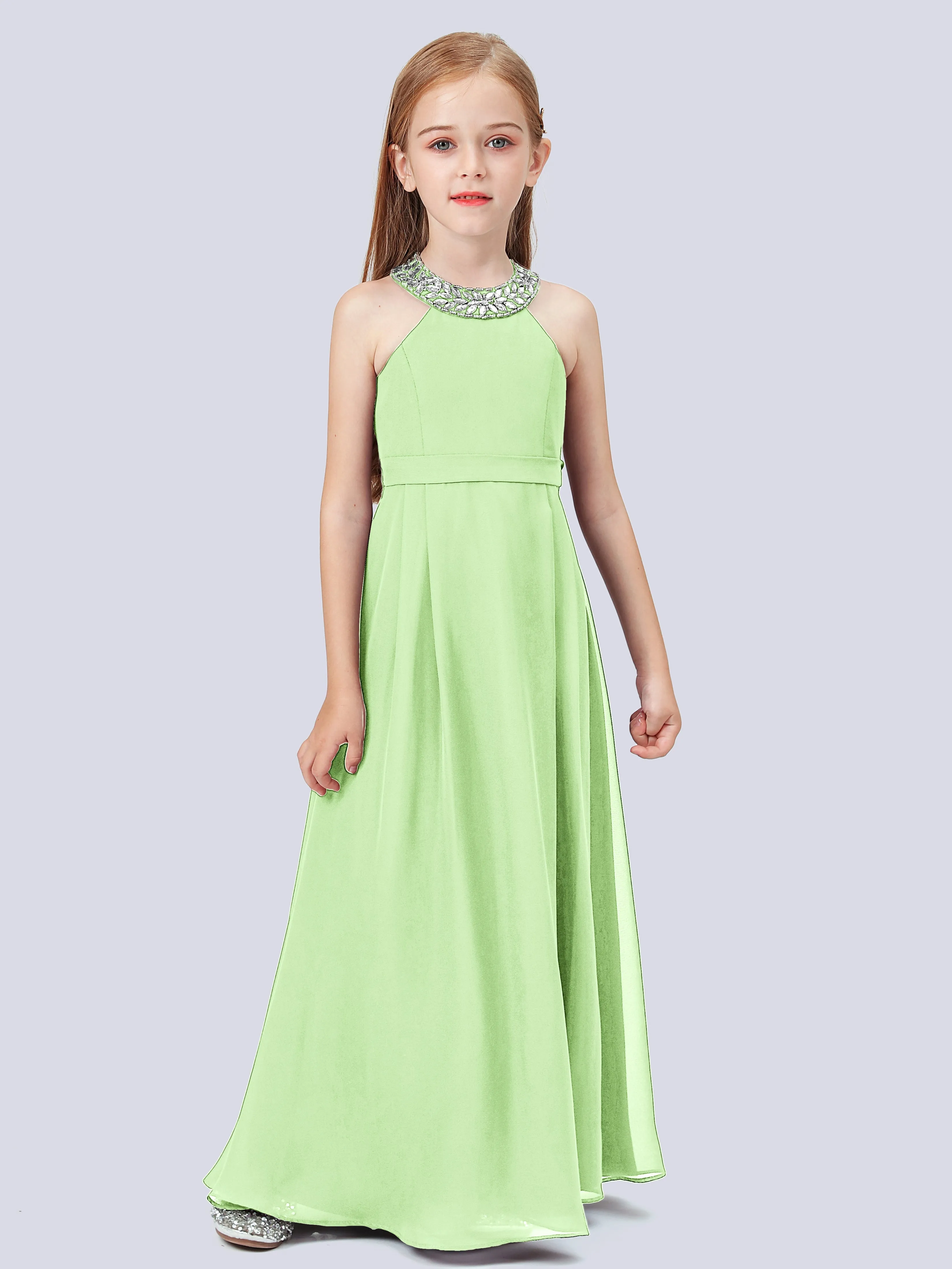 Chiffon Junior Bridesmaid Dress with Beaded Neckline