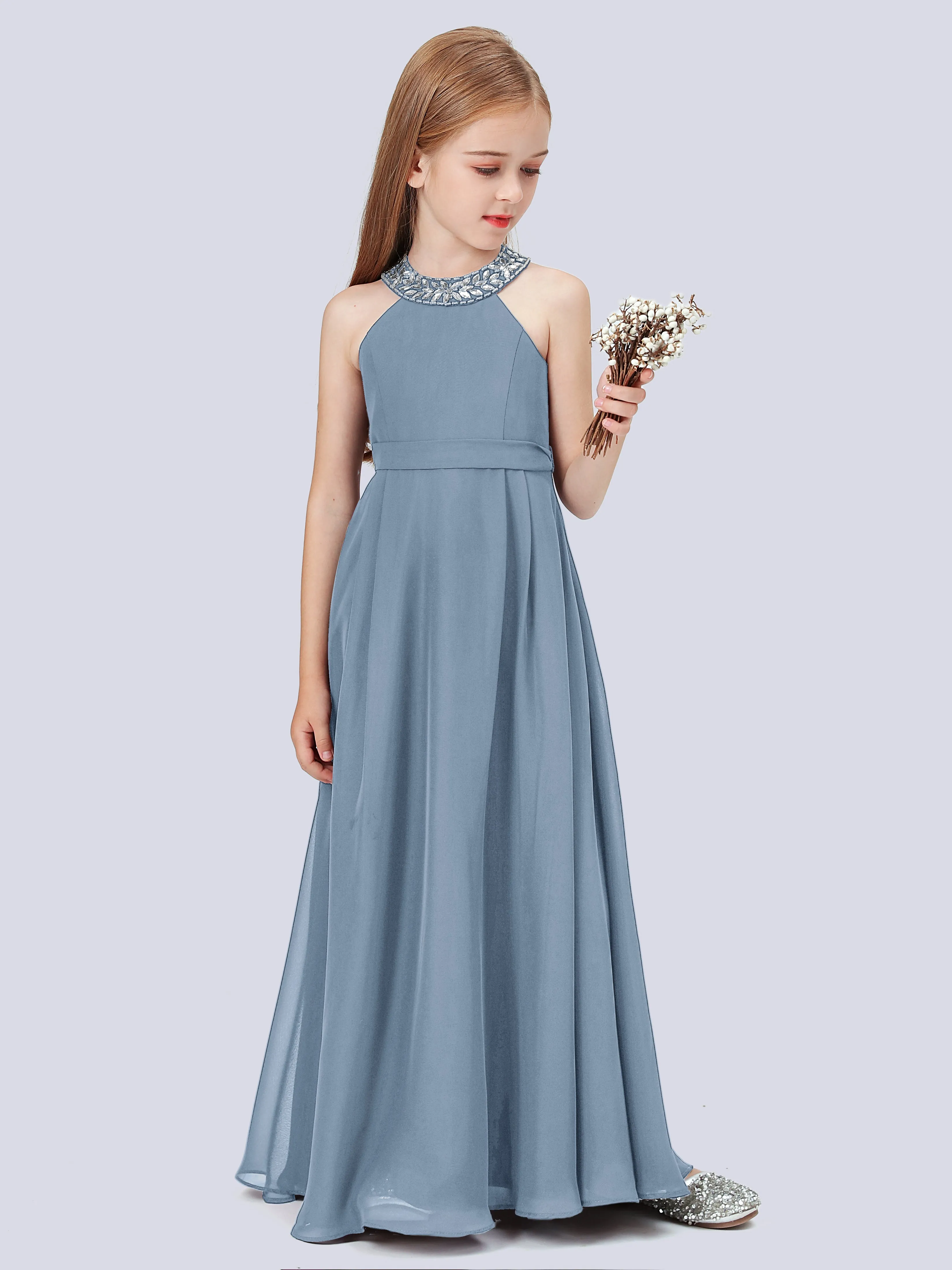 Chiffon Junior Bridesmaid Dress with Beaded Neckline