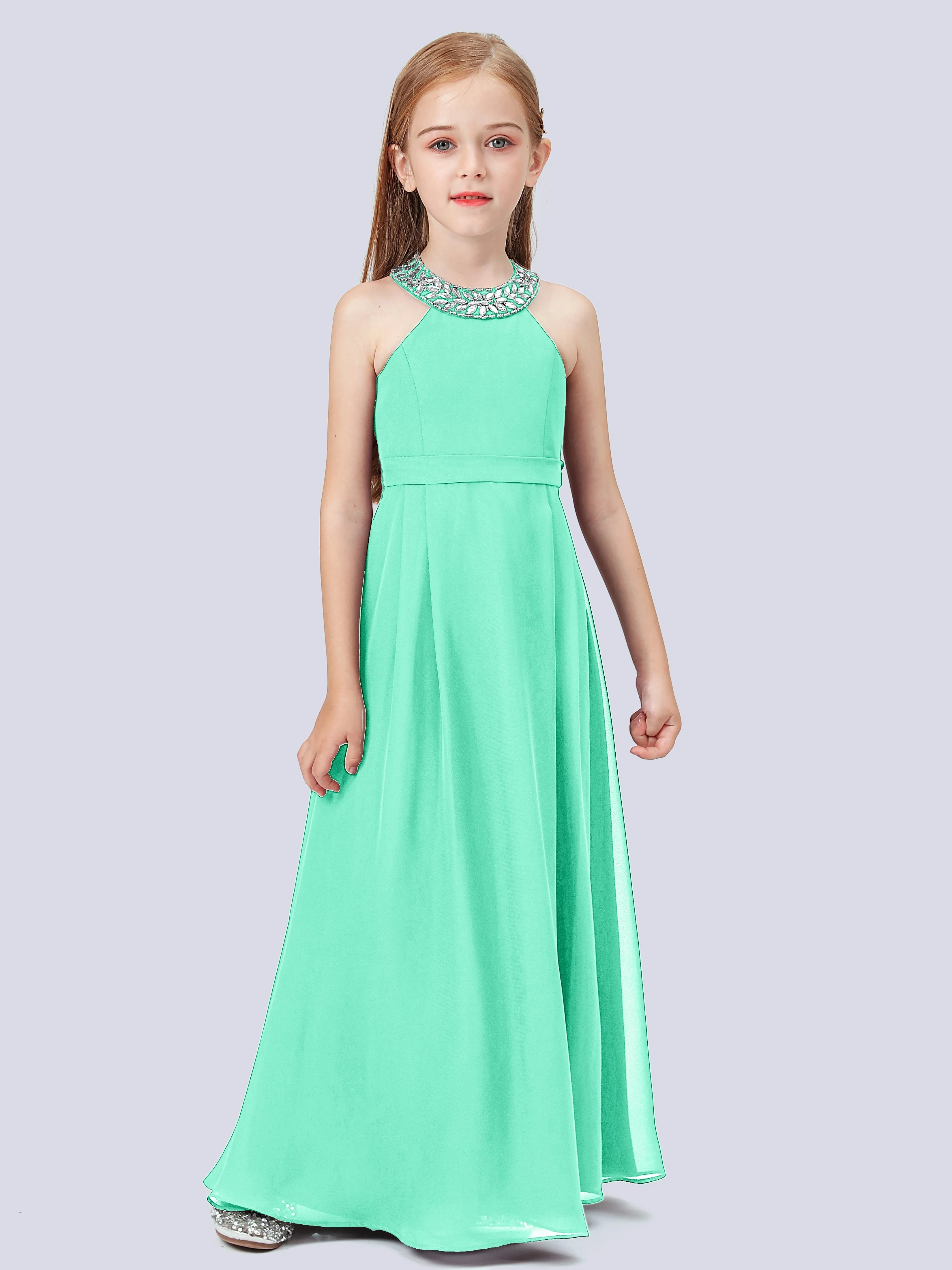 Chiffon Junior Bridesmaid Dress with Beaded Neckline