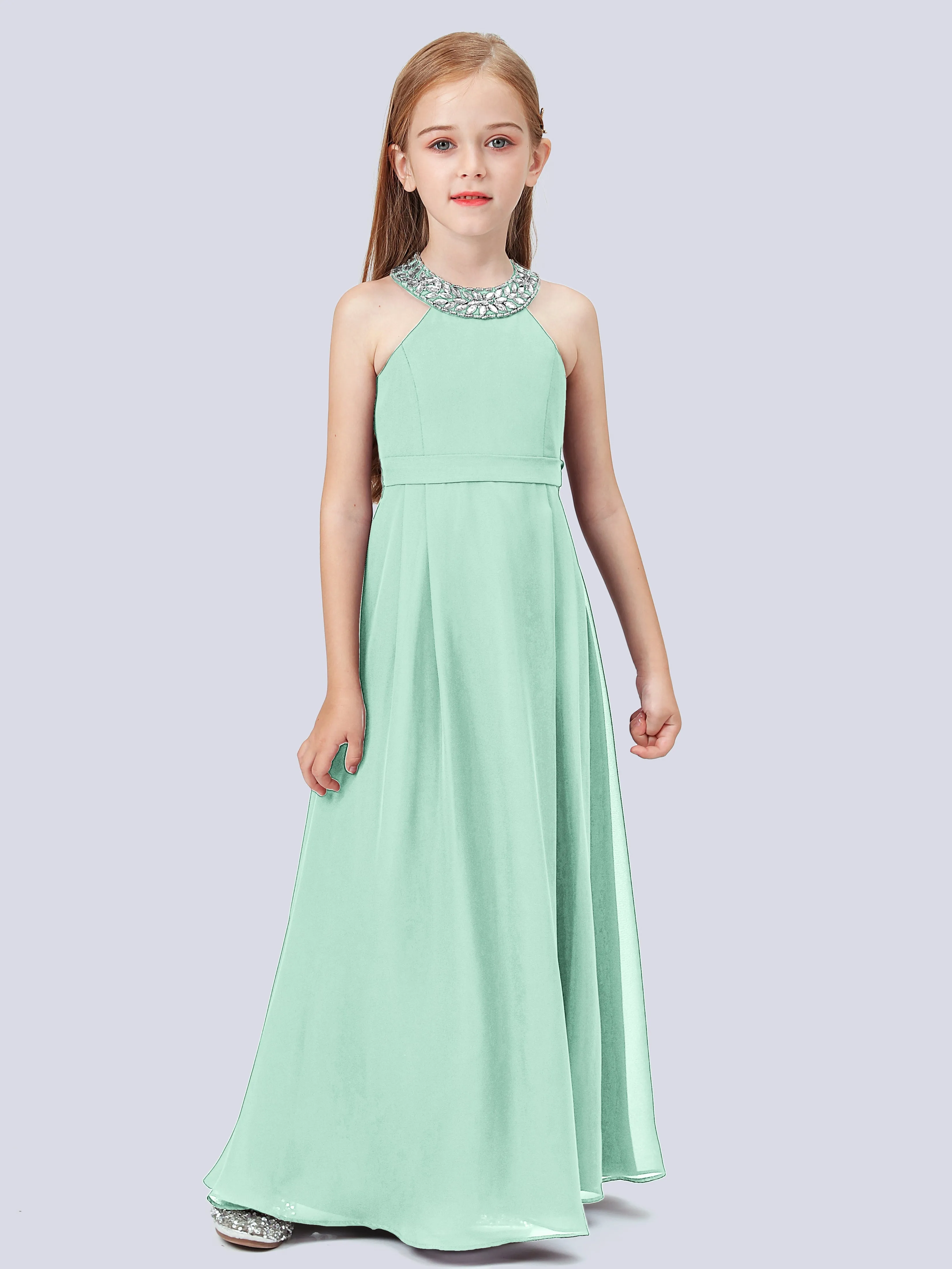 Chiffon Junior Bridesmaid Dress with Beaded Neckline