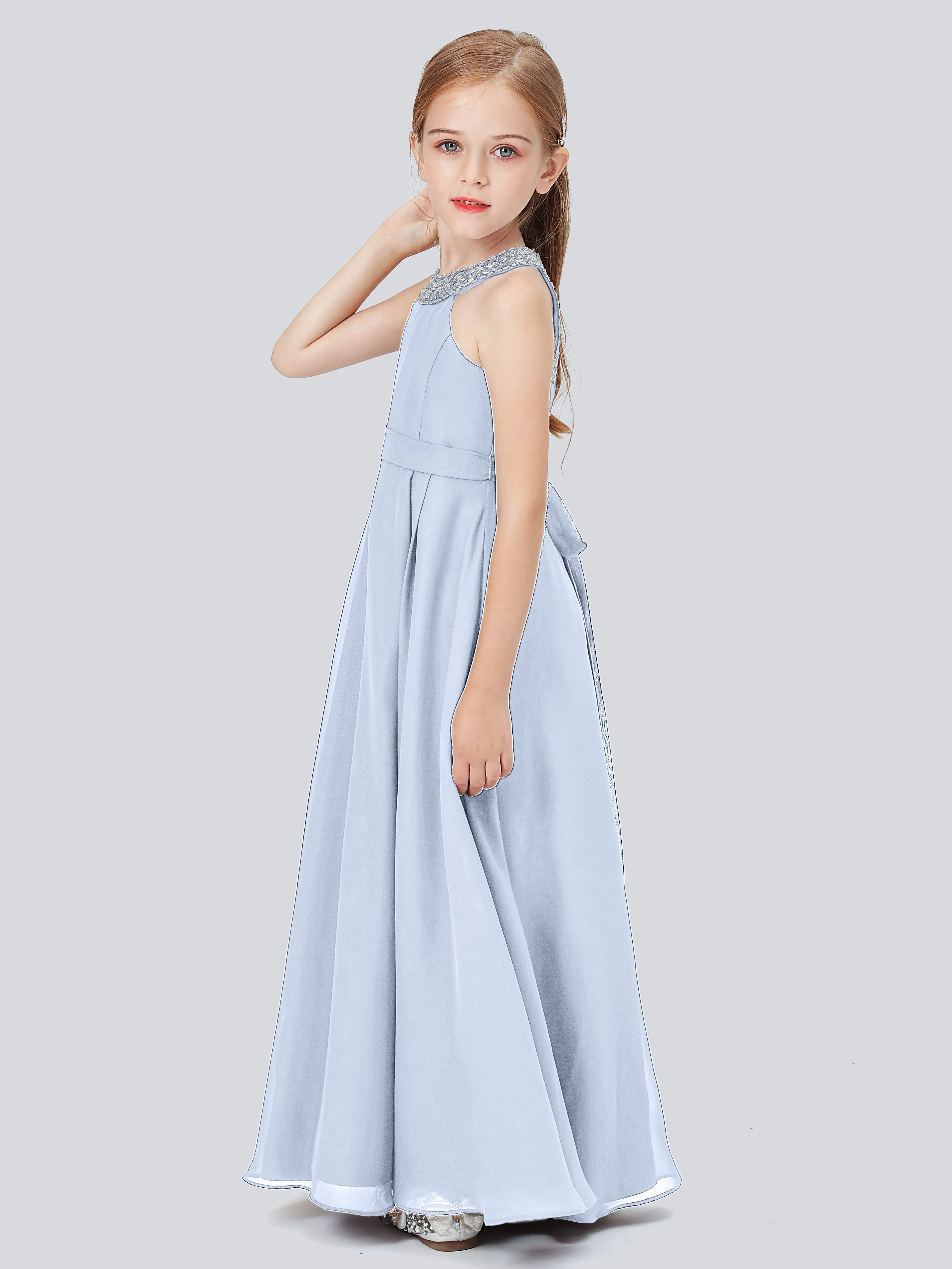 Chiffon Junior Bridesmaid Dress with Beaded Neckline