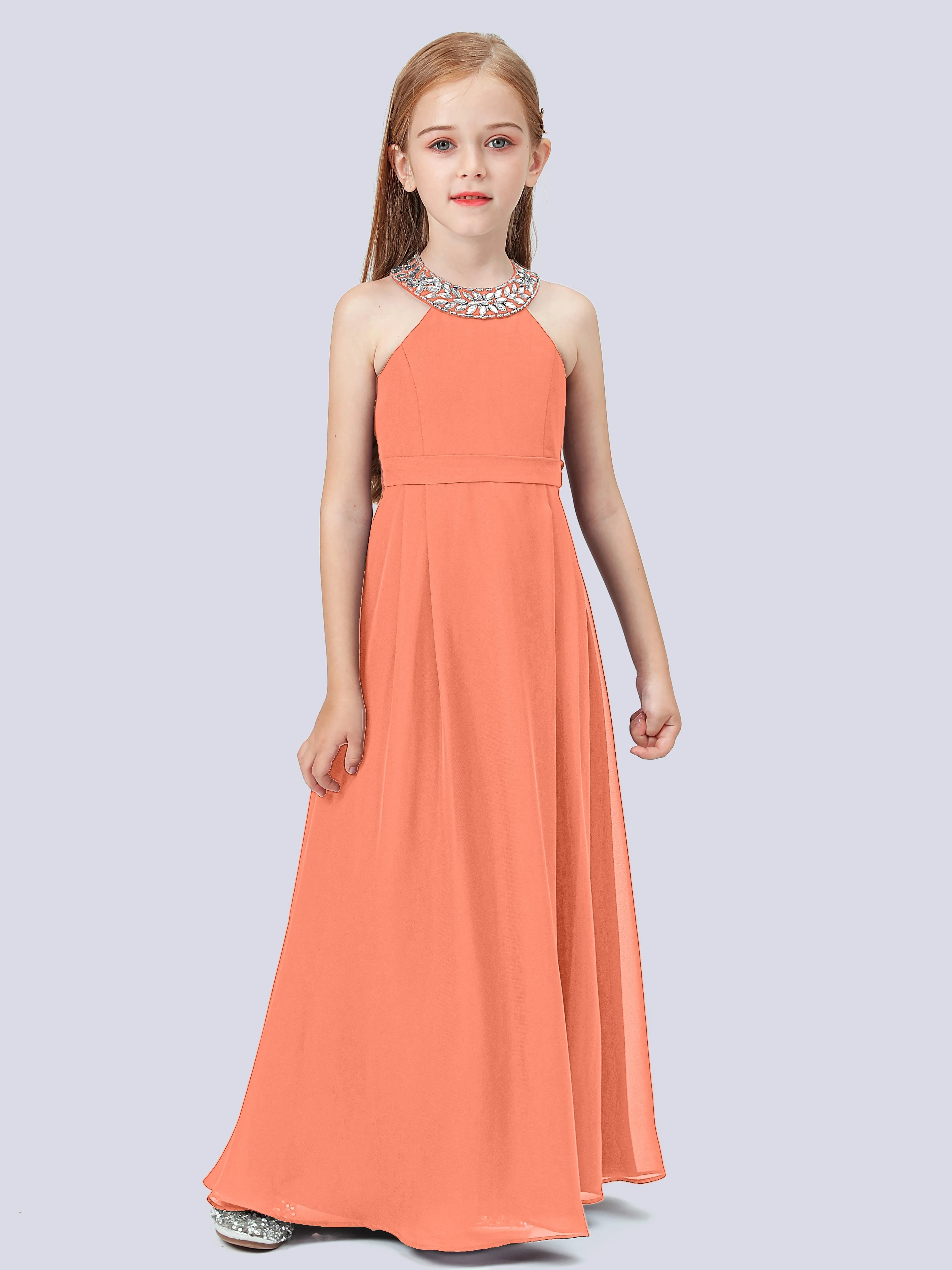 Chiffon Junior Bridesmaid Dress with Beaded Neckline