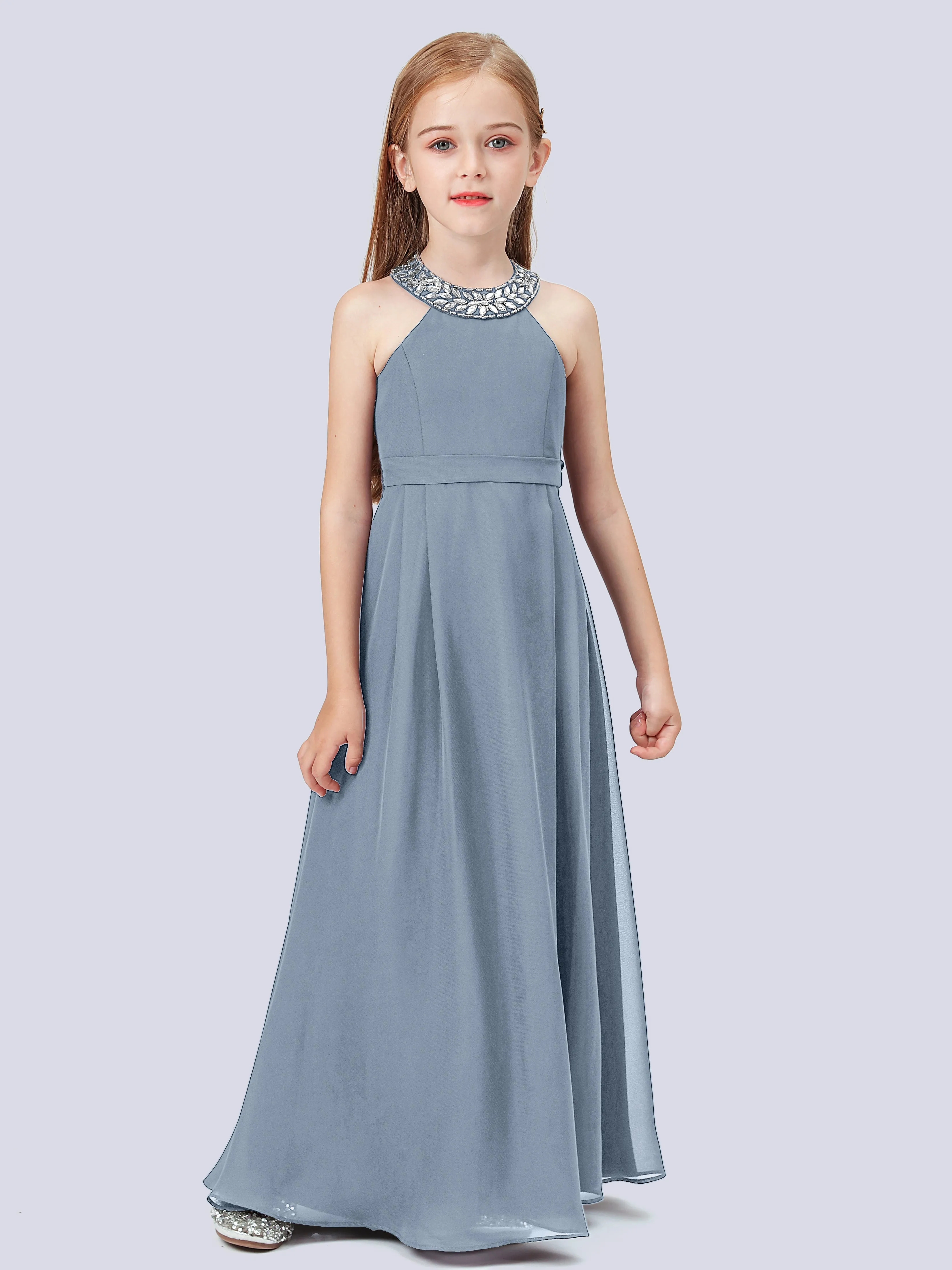 Chiffon Junior Bridesmaid Dress with Beaded Neckline