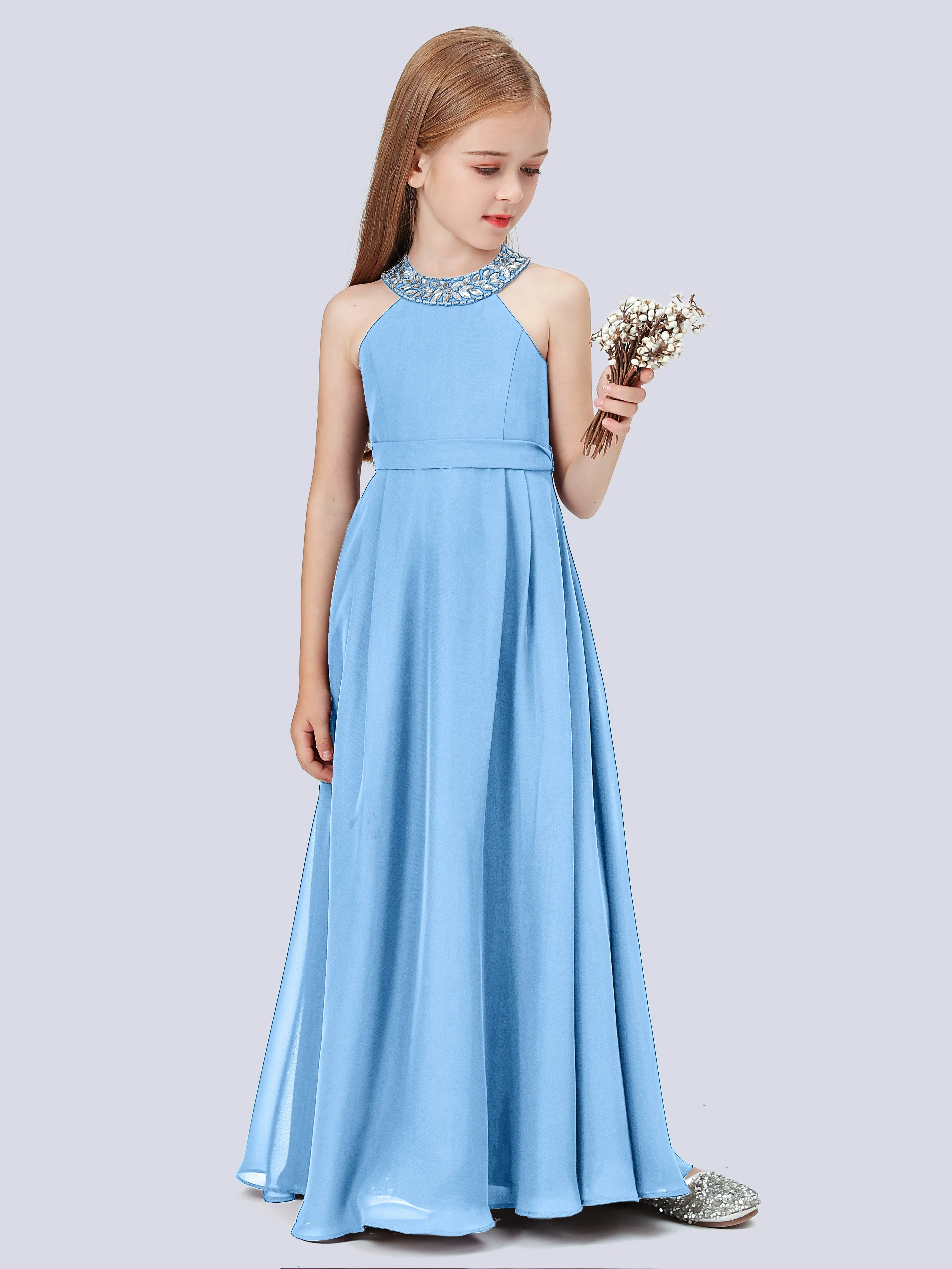 Chiffon Junior Bridesmaid Dress with Beaded Neckline