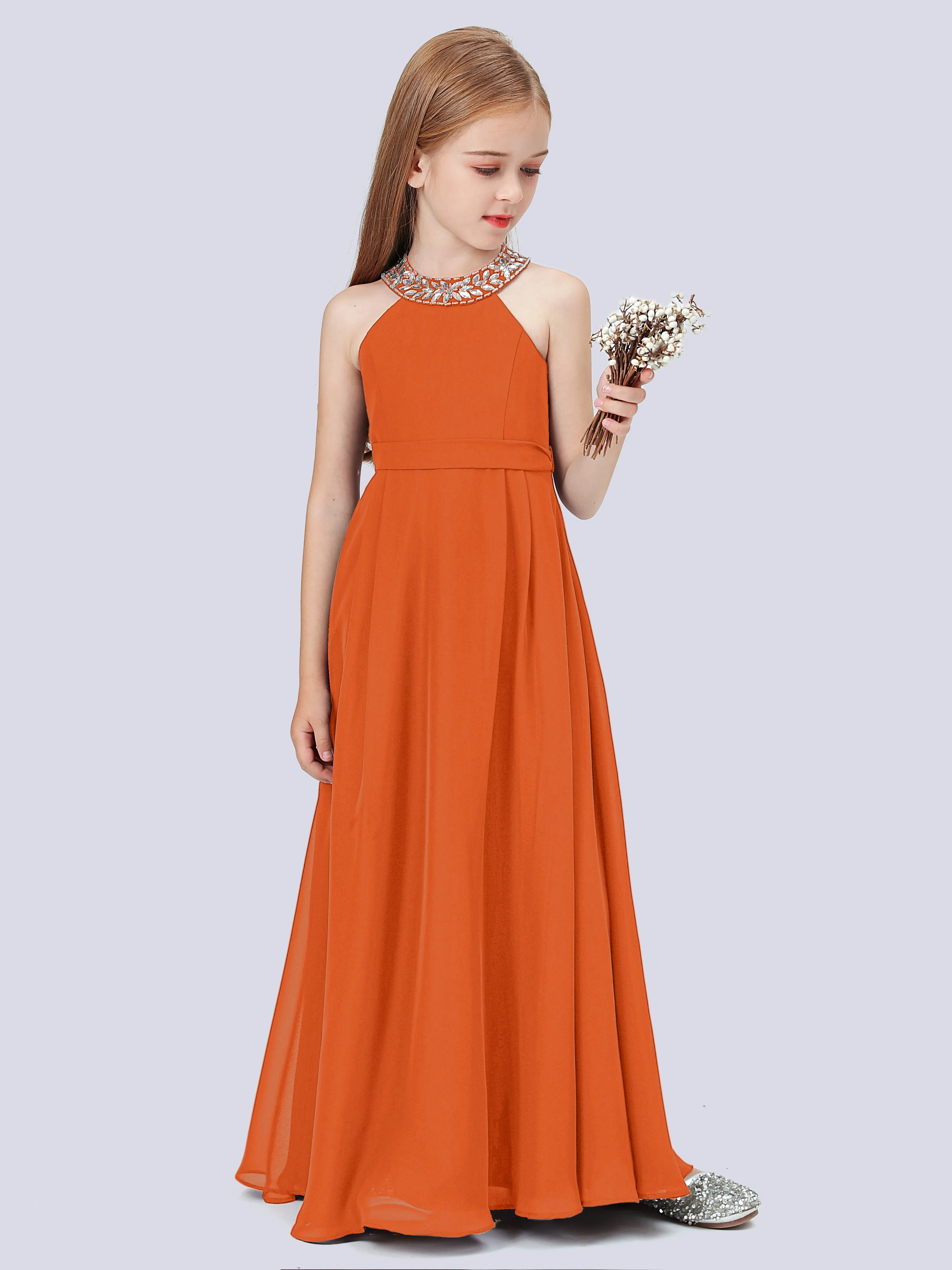 Chiffon Junior Bridesmaid Dress with Beaded Neckline