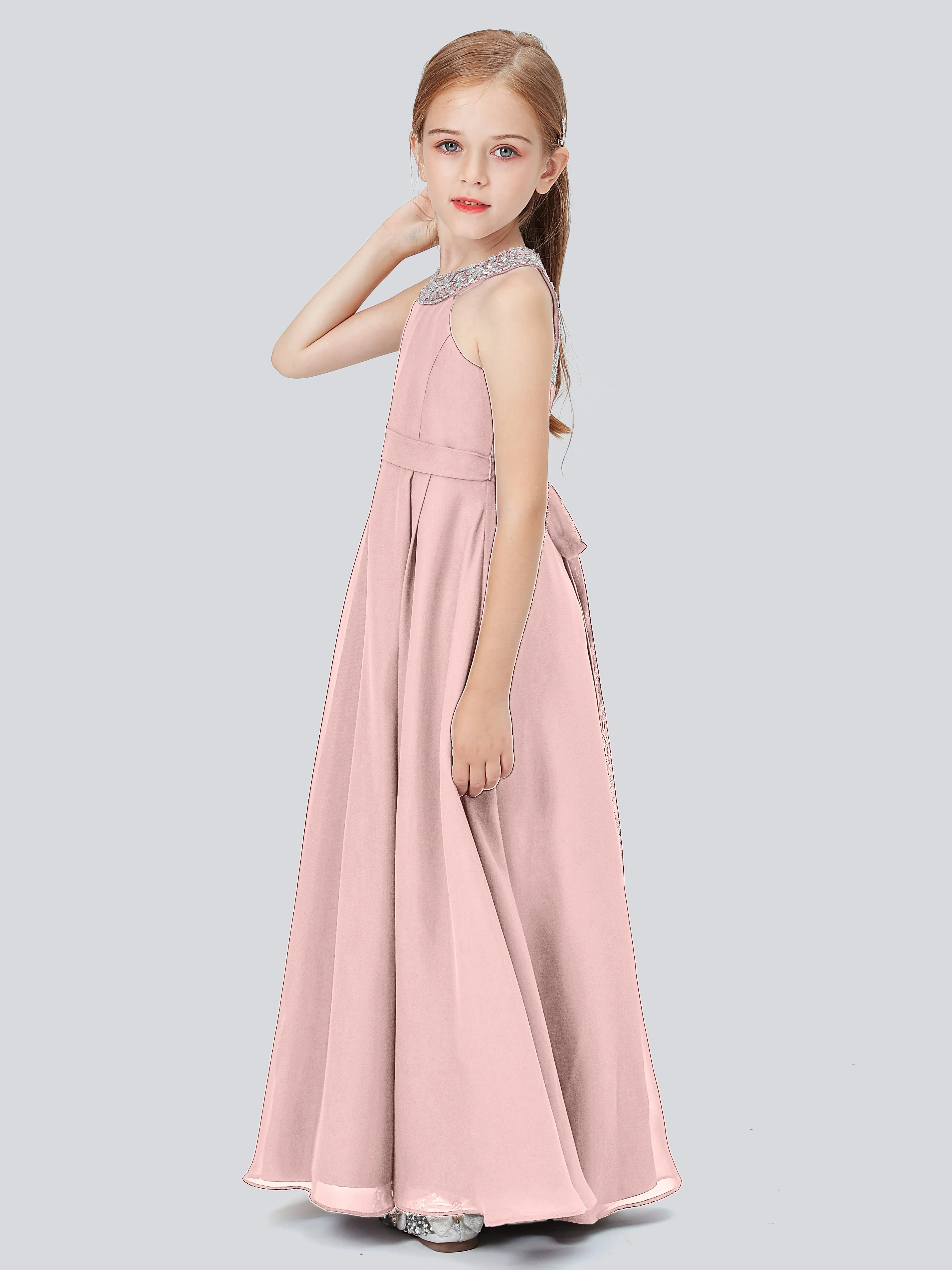 Chiffon Junior Bridesmaid Dress with Beaded Neckline