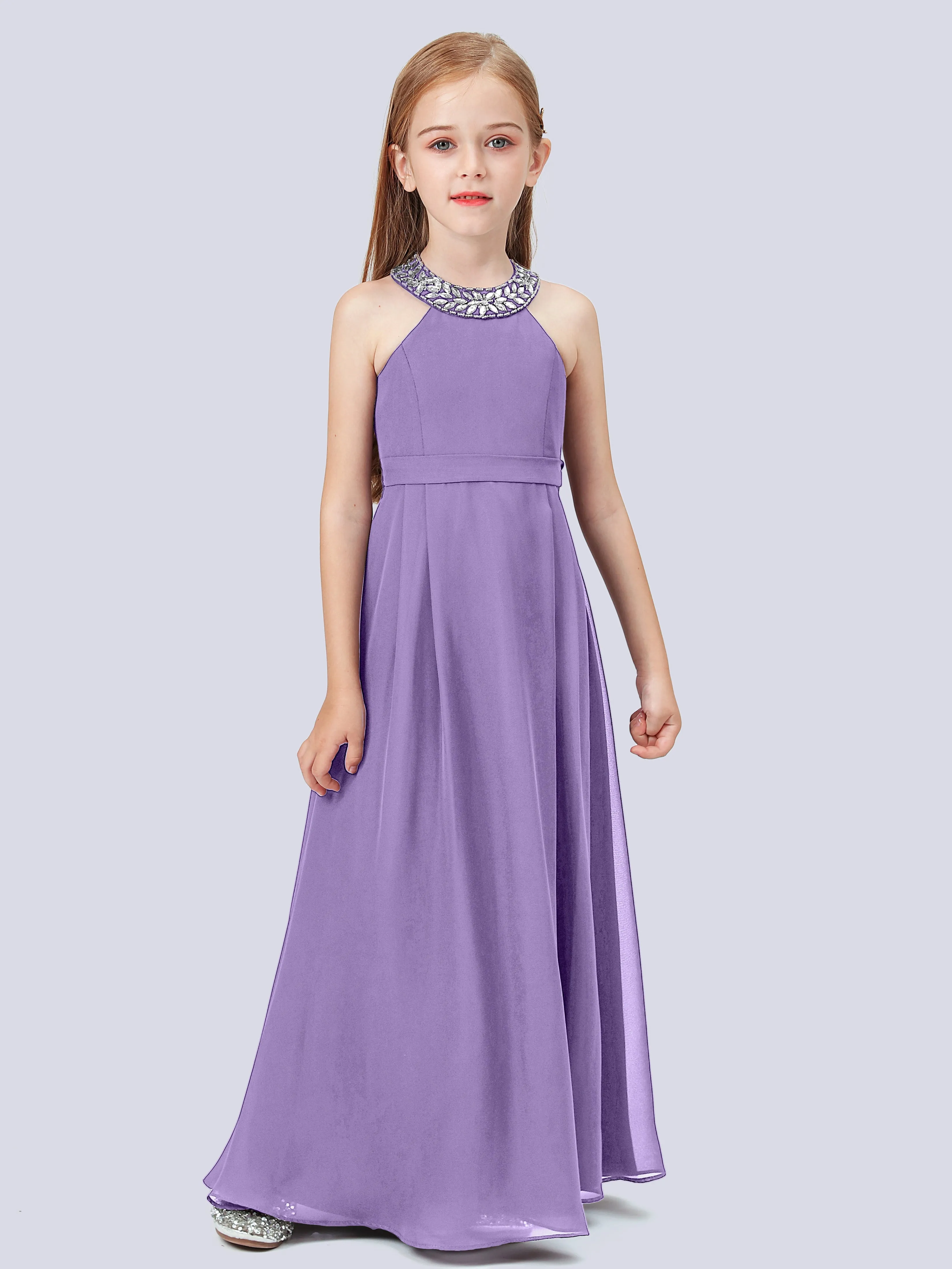 Chiffon Junior Bridesmaid Dress with Beaded Neckline