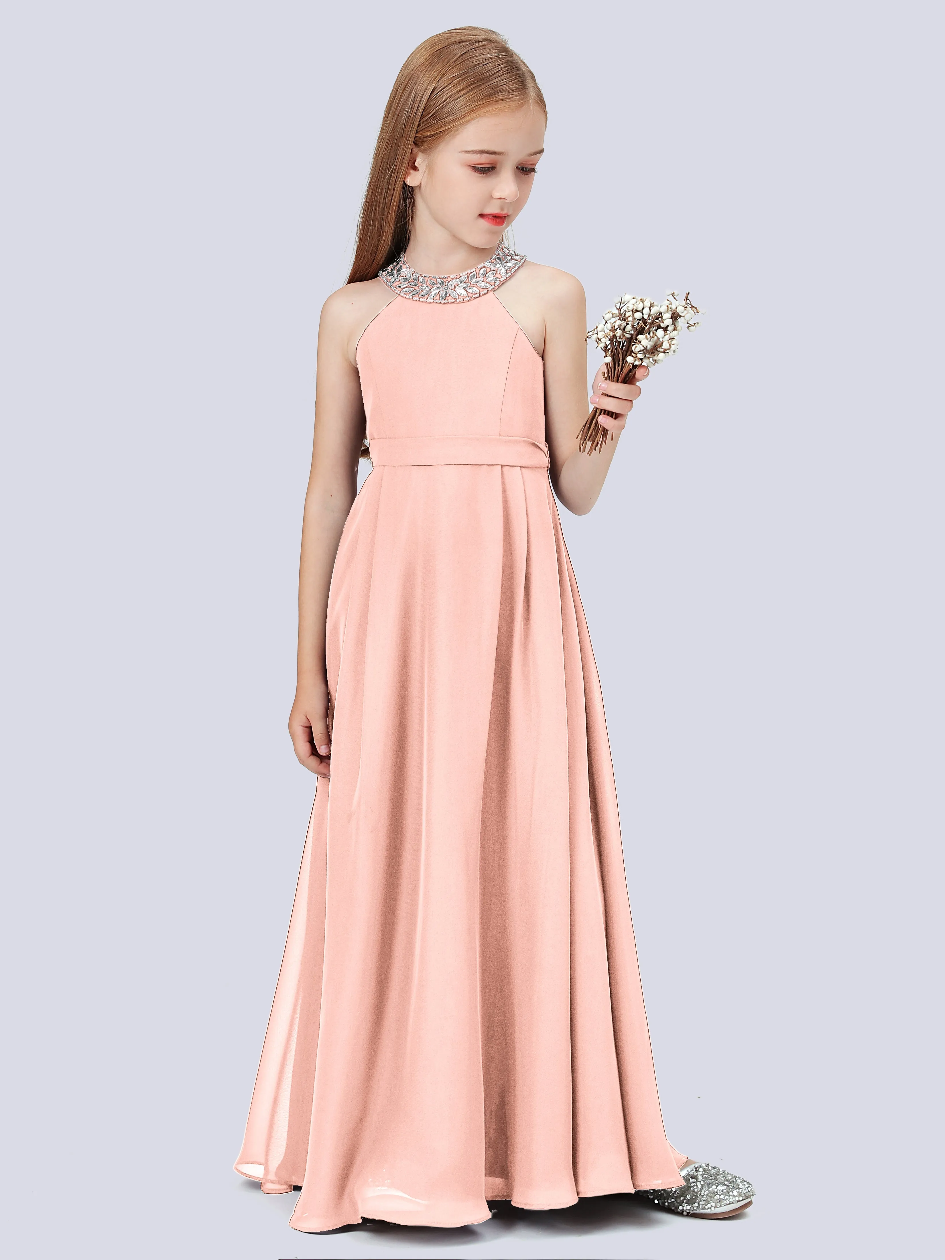 Chiffon Junior Bridesmaid Dress with Beaded Neckline