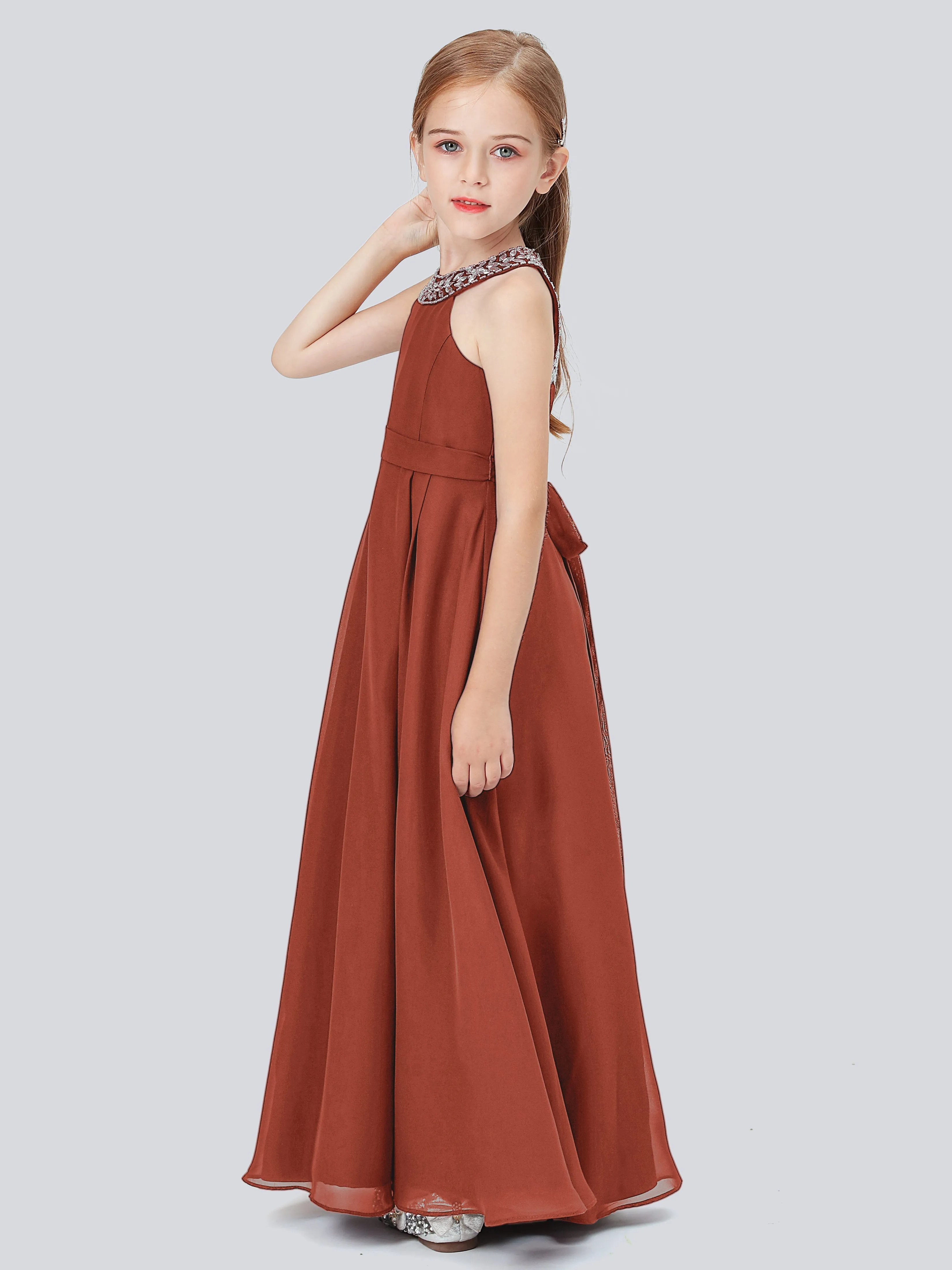 Chiffon Junior Bridesmaid Dress with Beaded Neckline