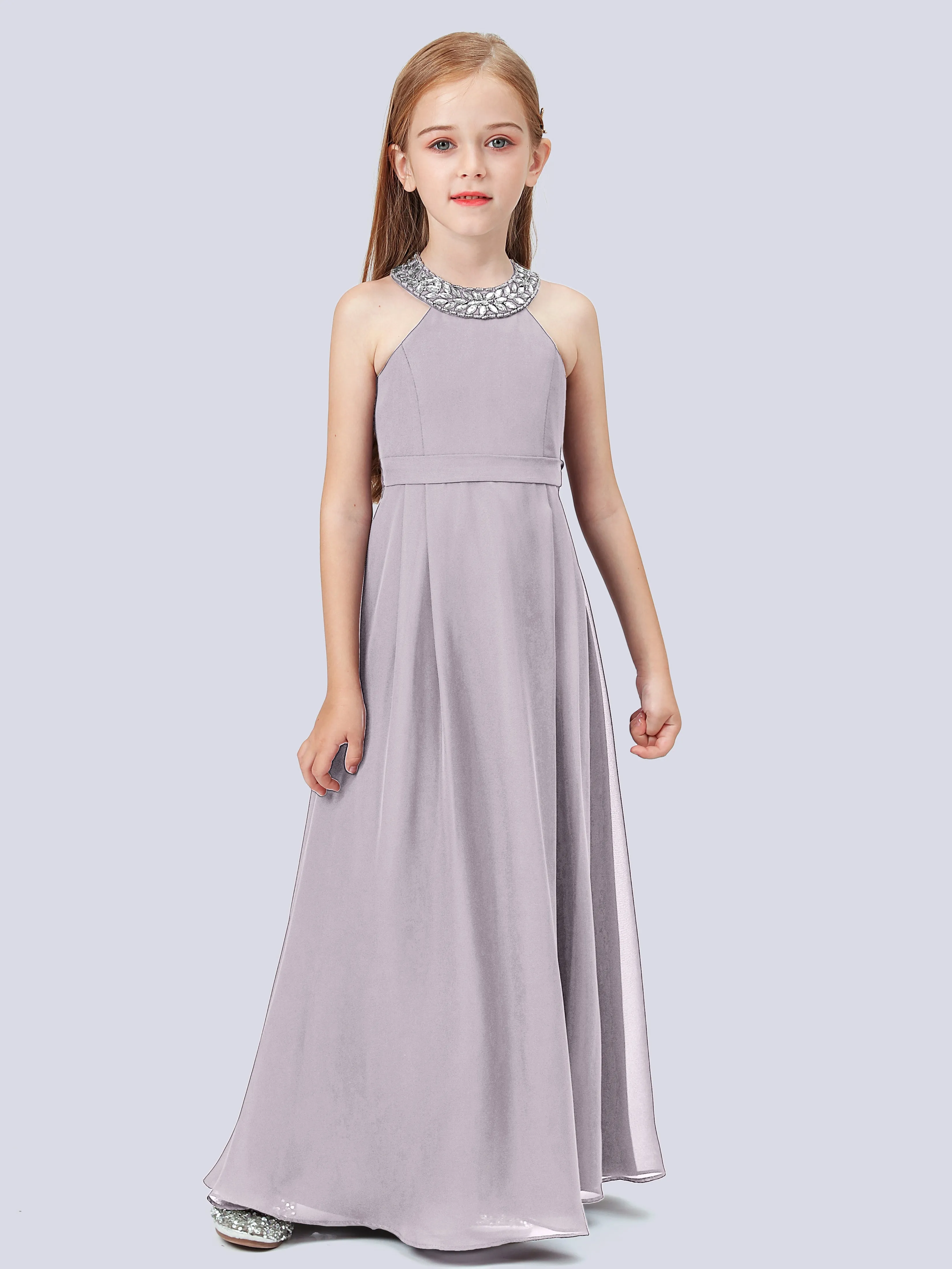 Chiffon Junior Bridesmaid Dress with Beaded Neckline