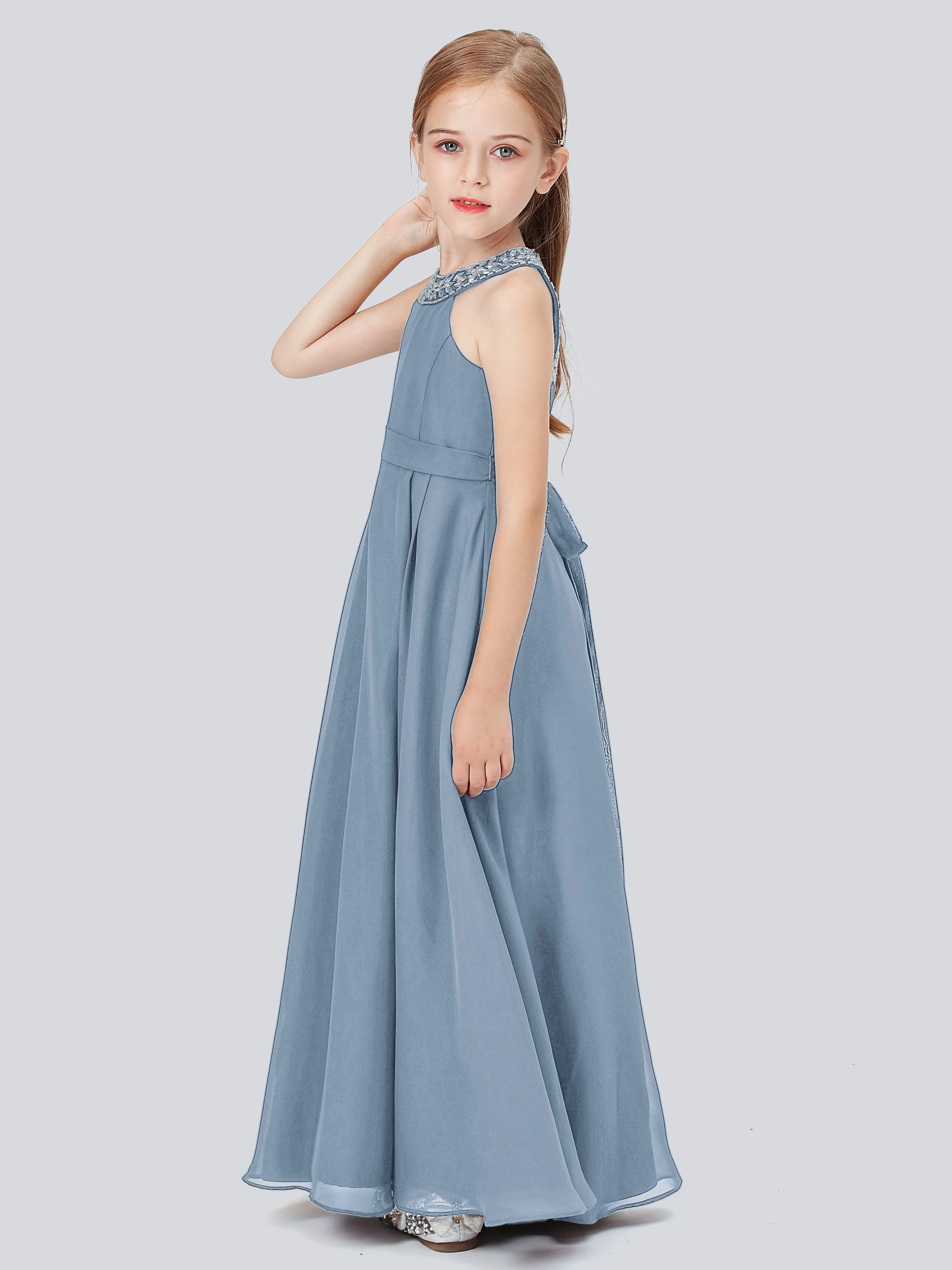 Chiffon Junior Bridesmaid Dress with Beaded Neckline