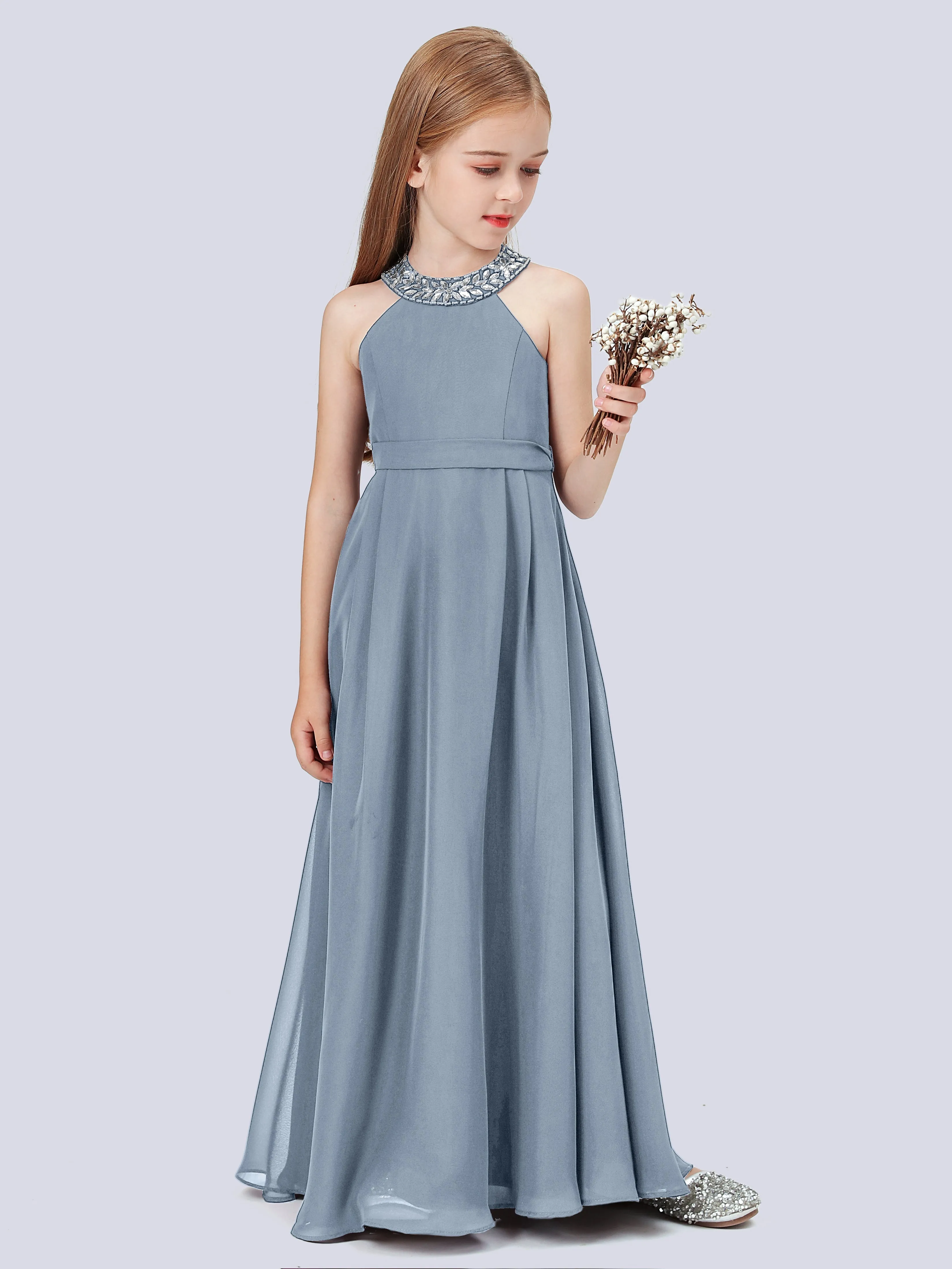 Chiffon Junior Bridesmaid Dress with Beaded Neckline