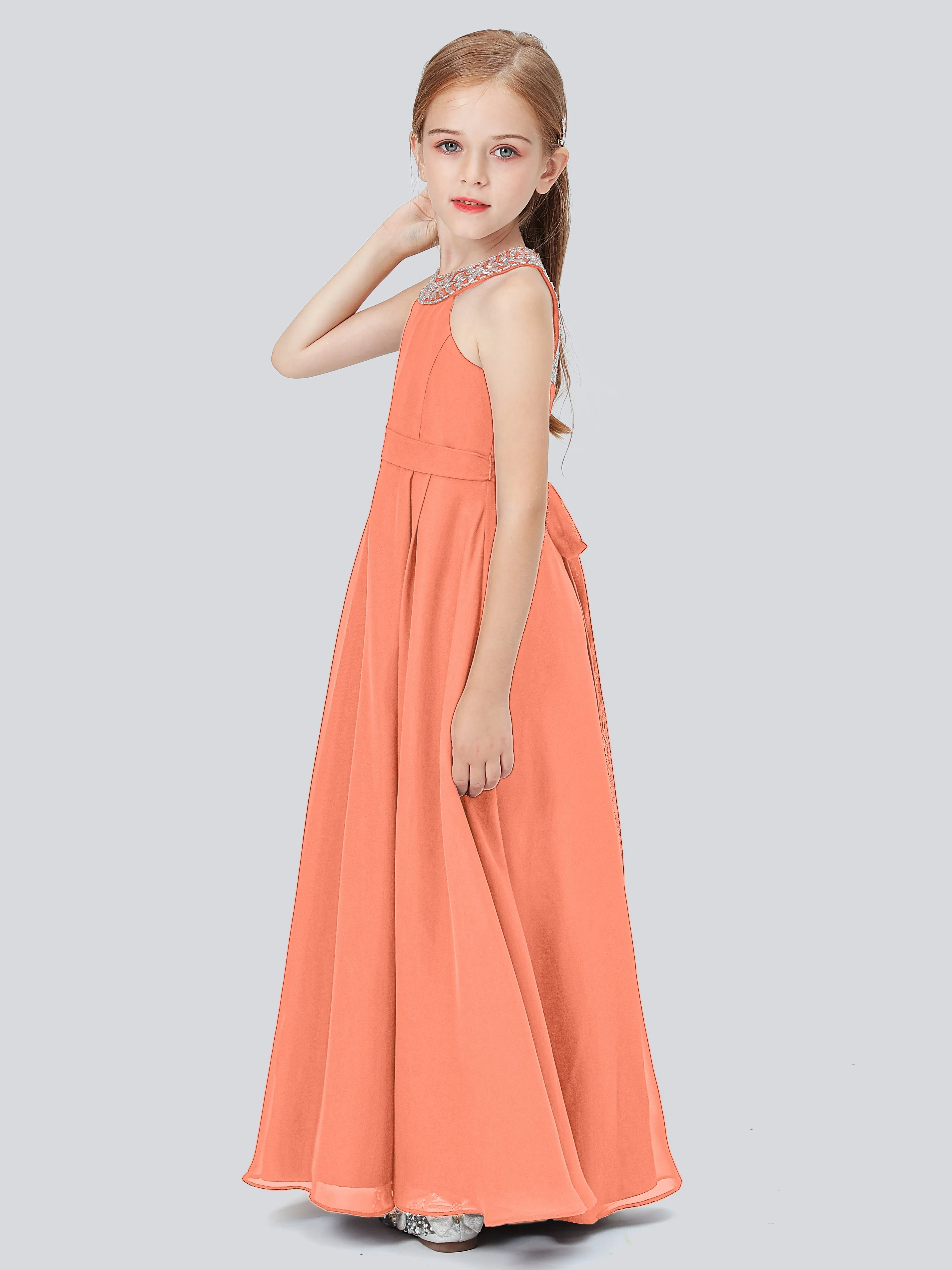 Chiffon Junior Bridesmaid Dress with Beaded Neckline