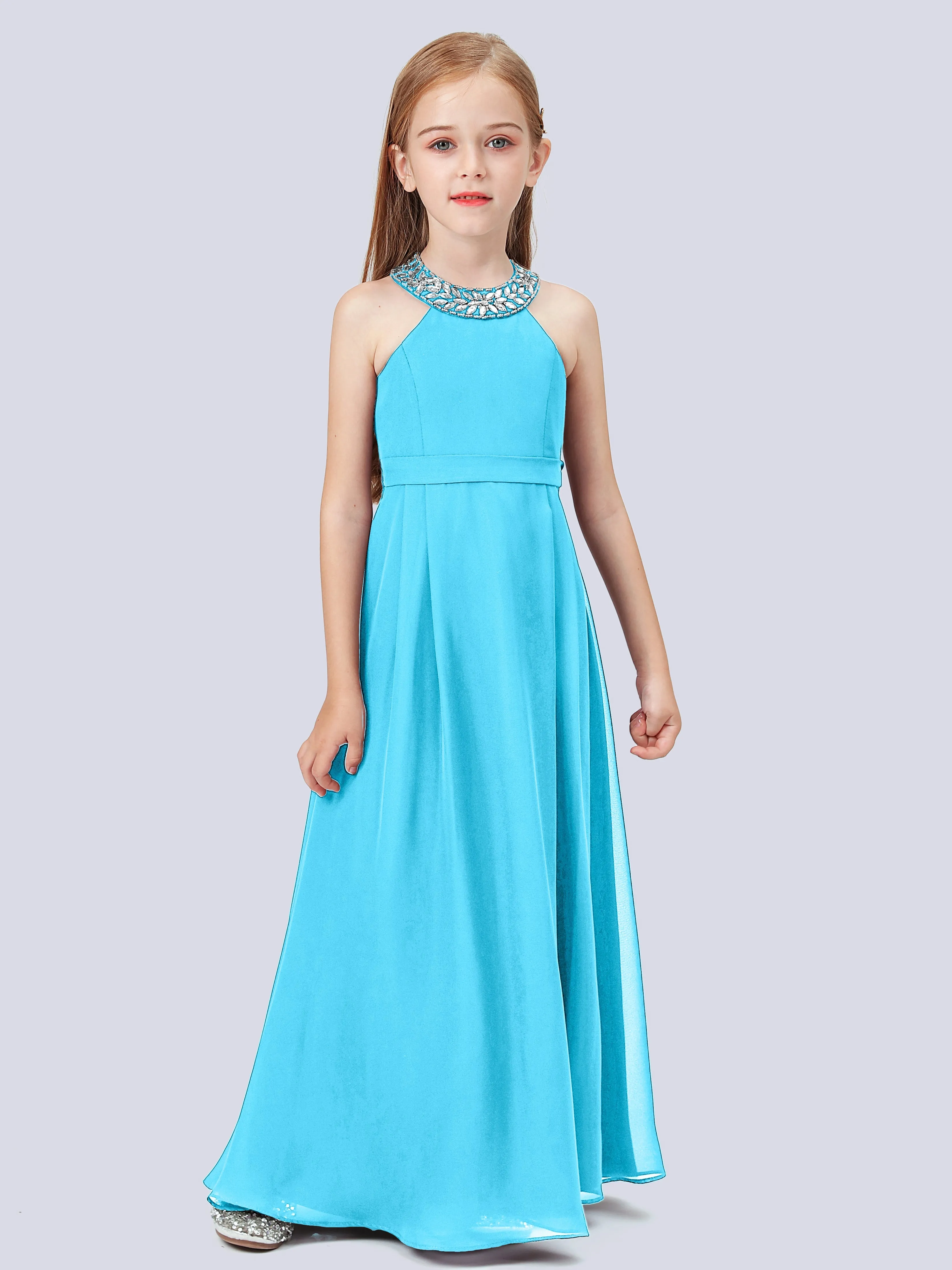 Chiffon Junior Bridesmaid Dress with Beaded Neckline