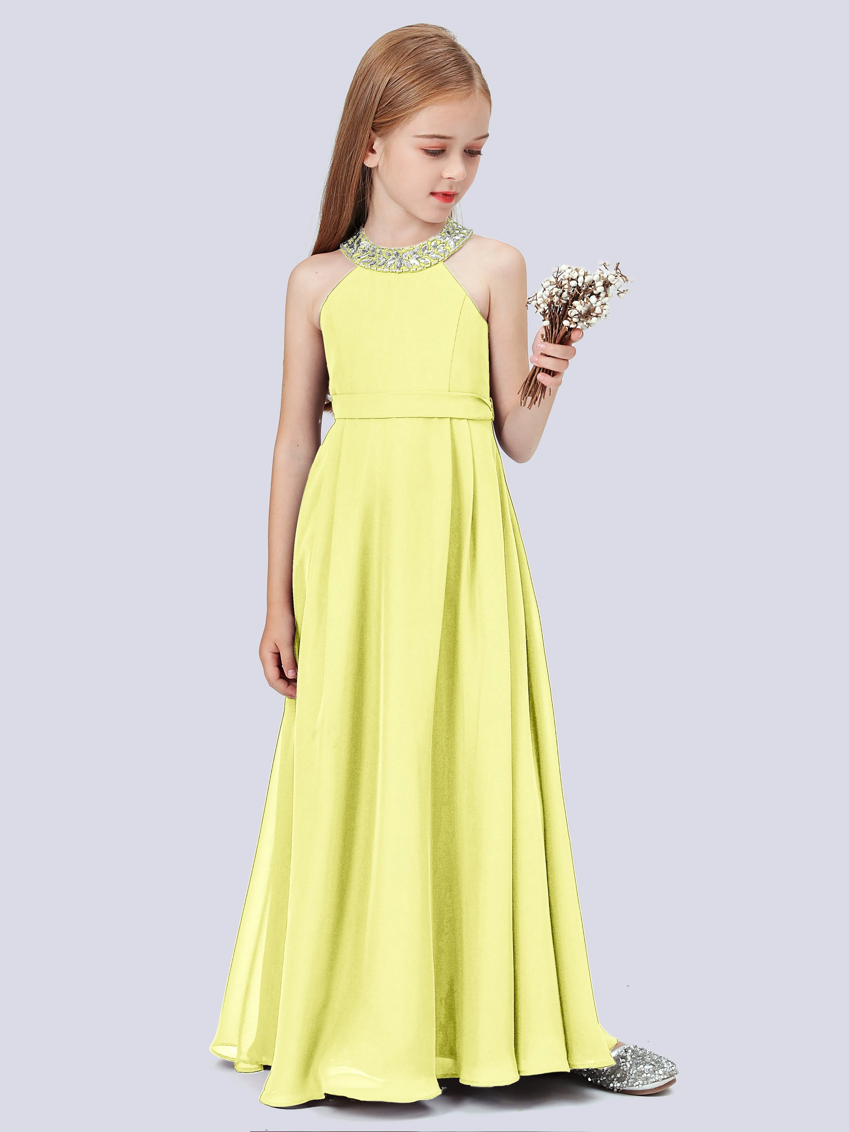 Chiffon Junior Bridesmaid Dress with Beaded Neckline