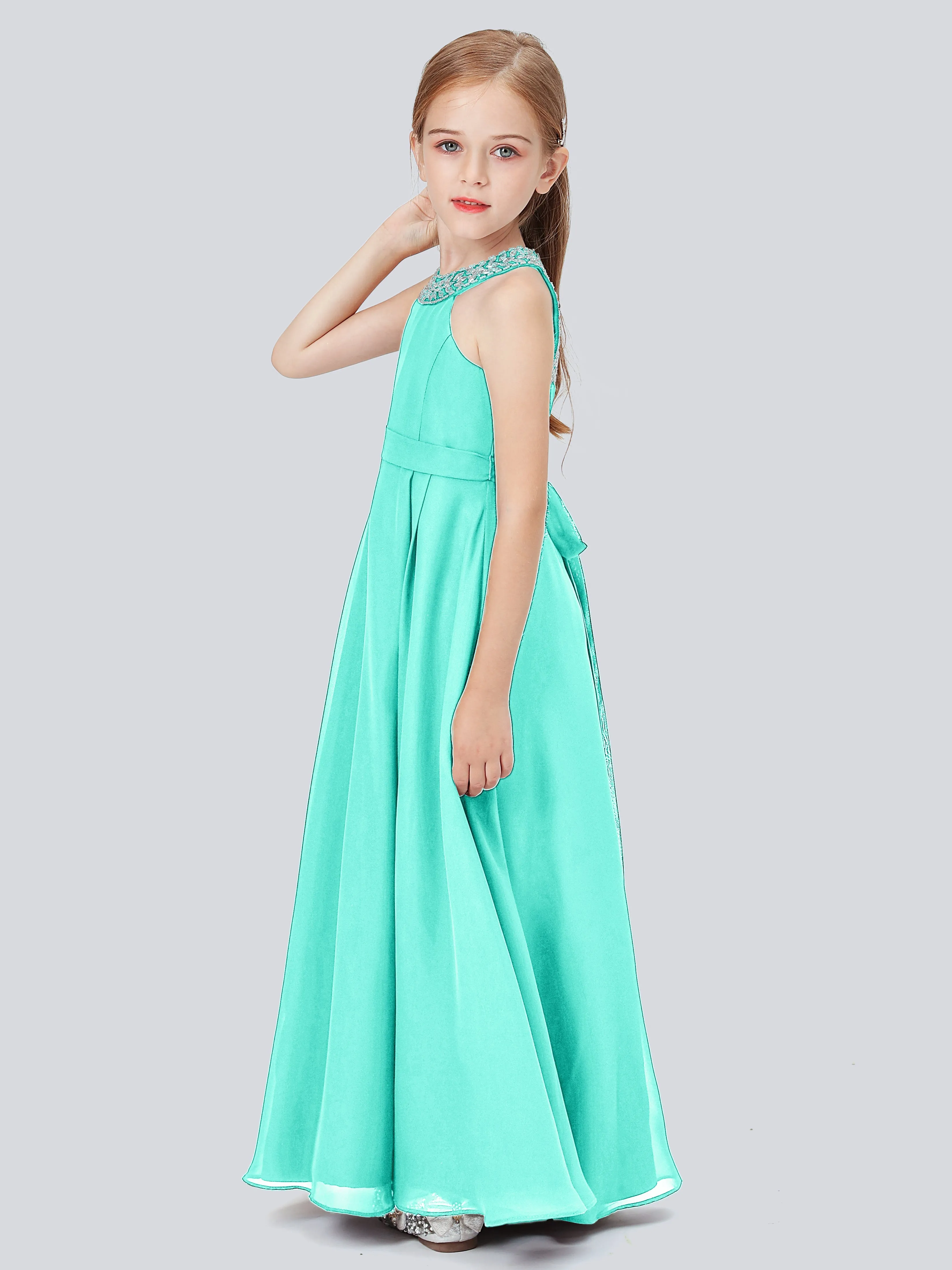 Chiffon Junior Bridesmaid Dress with Beaded Neckline