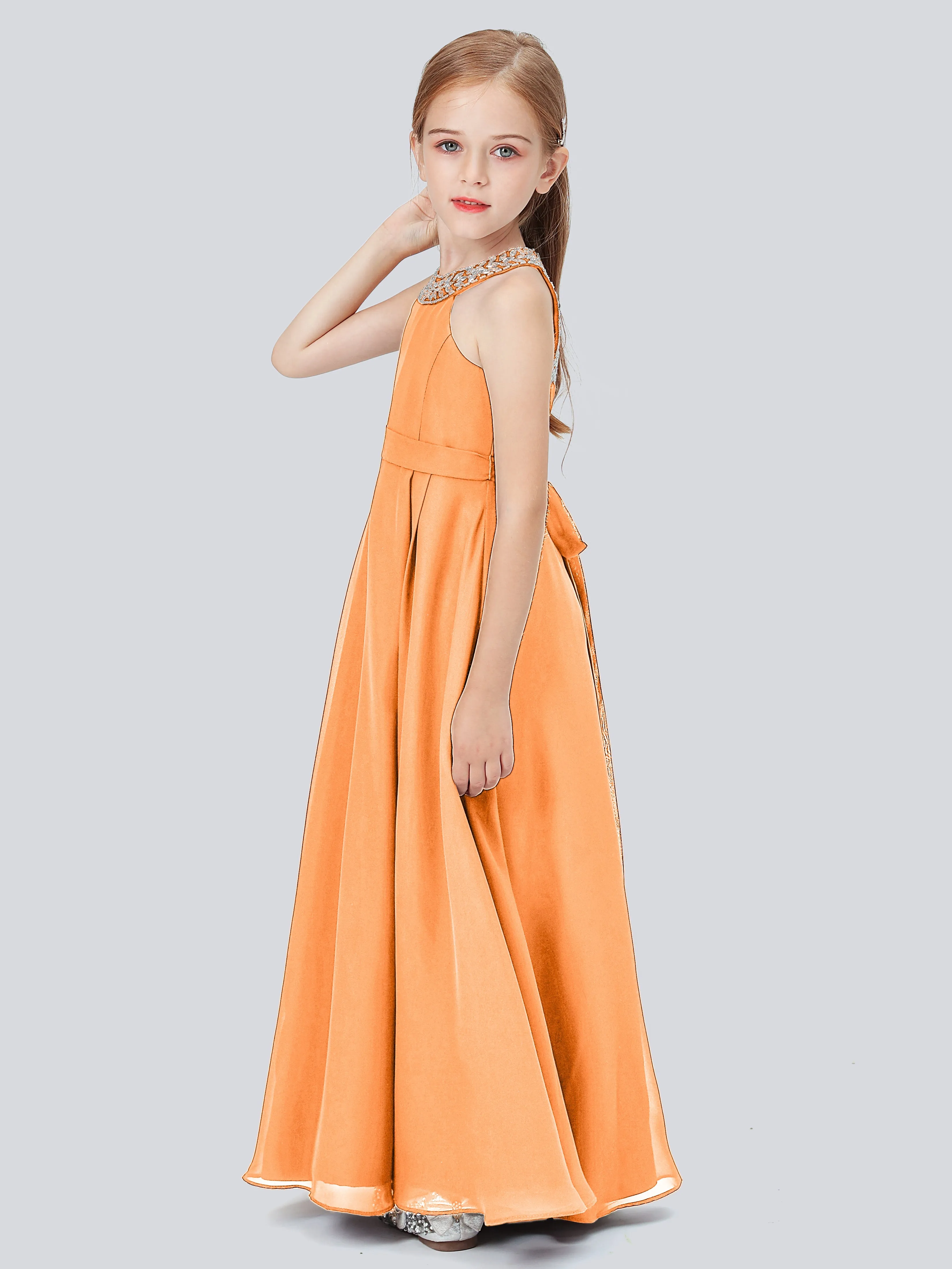 Chiffon Junior Bridesmaid Dress with Beaded Neckline