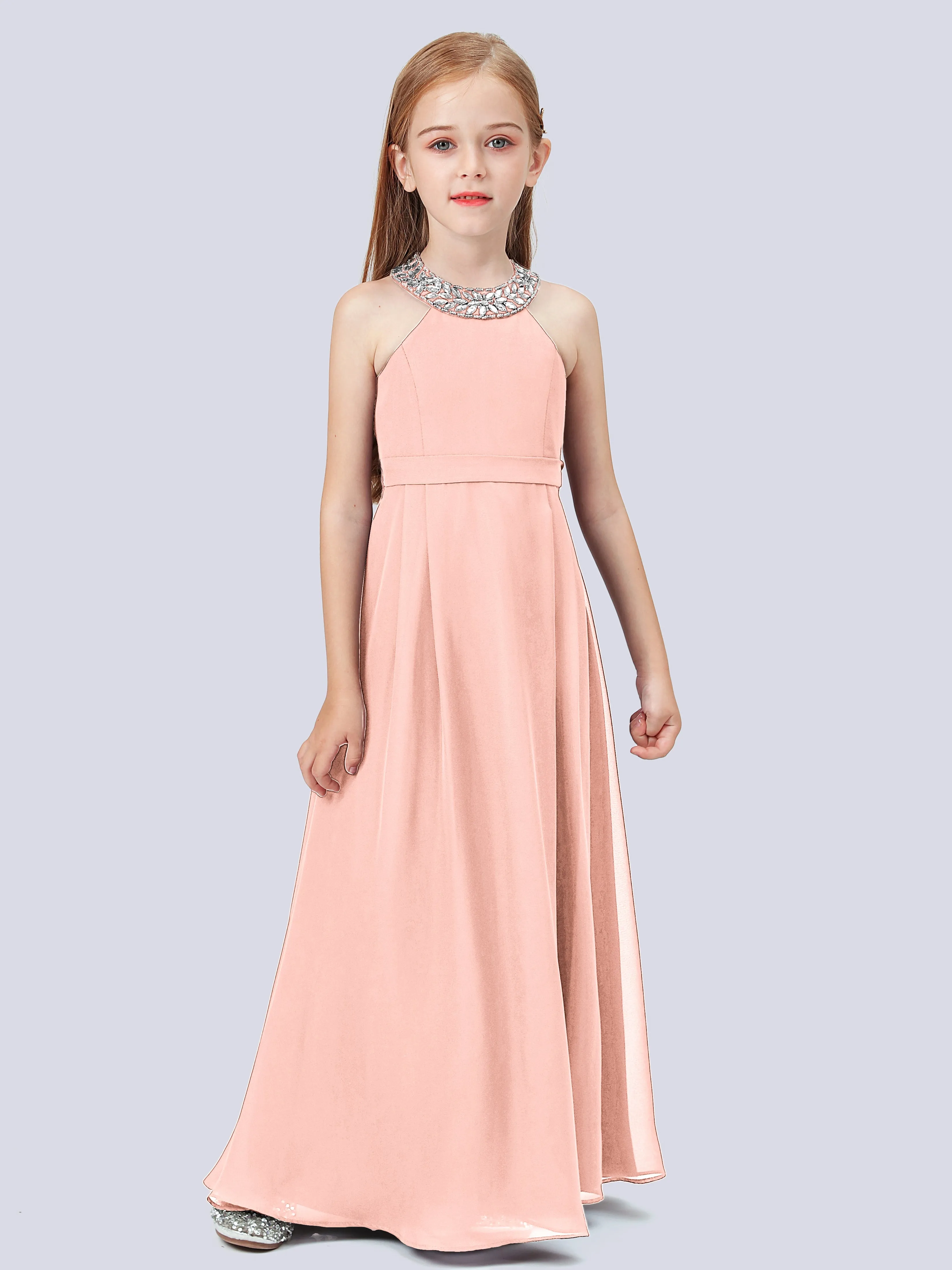 Chiffon Junior Bridesmaid Dress with Beaded Neckline