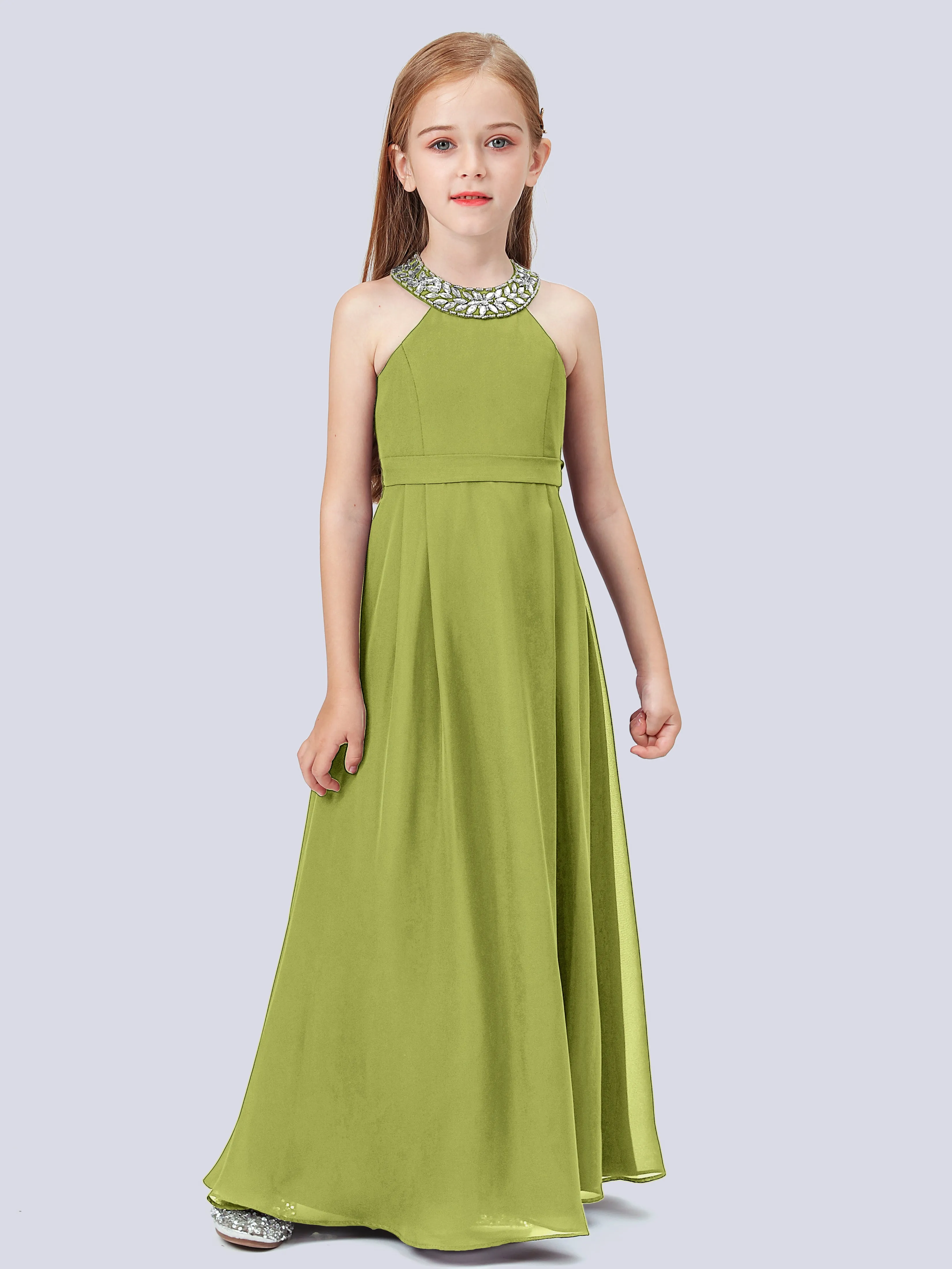 Chiffon Junior Bridesmaid Dress with Beaded Neckline