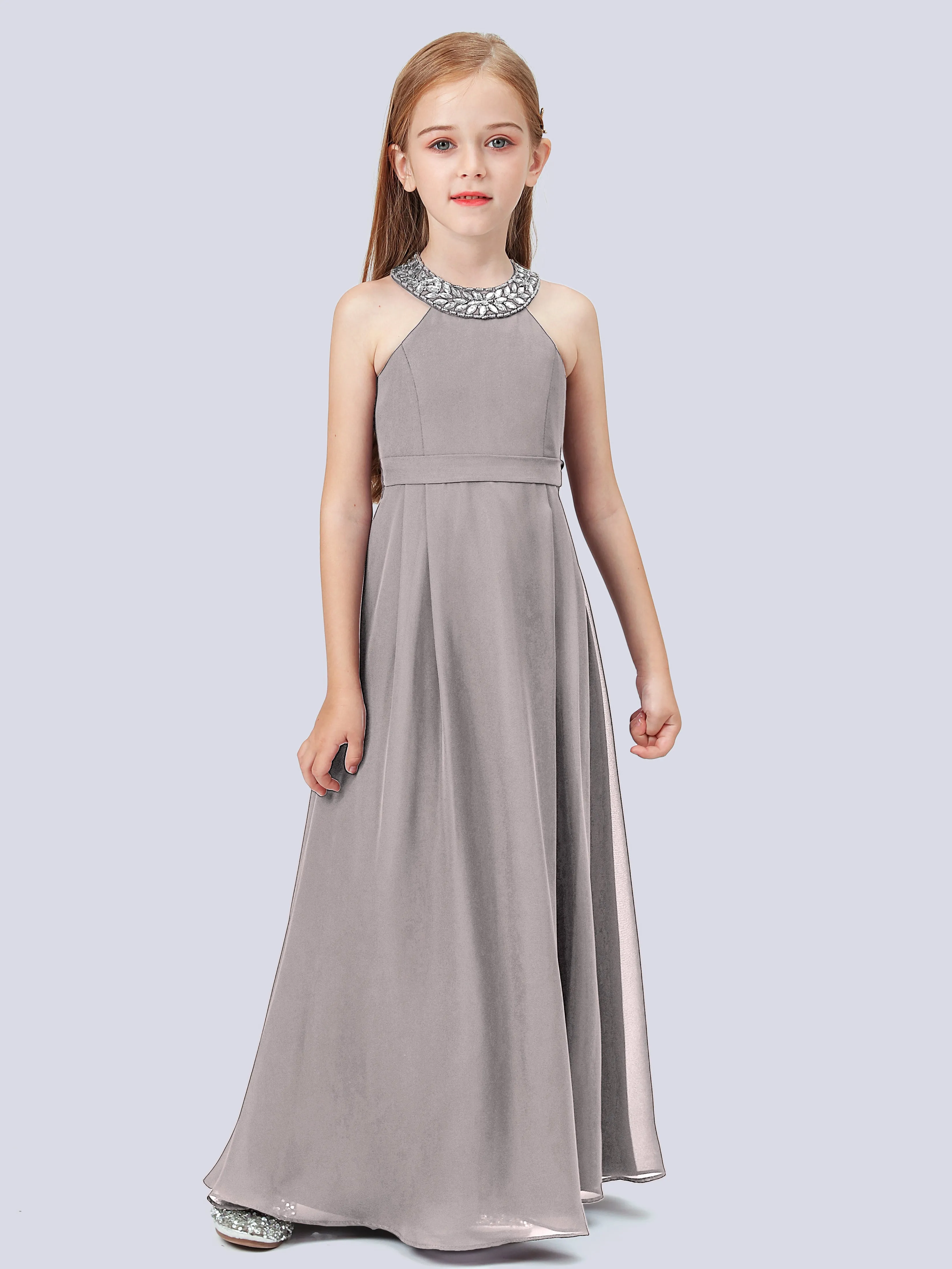 Chiffon Junior Bridesmaid Dress with Beaded Neckline