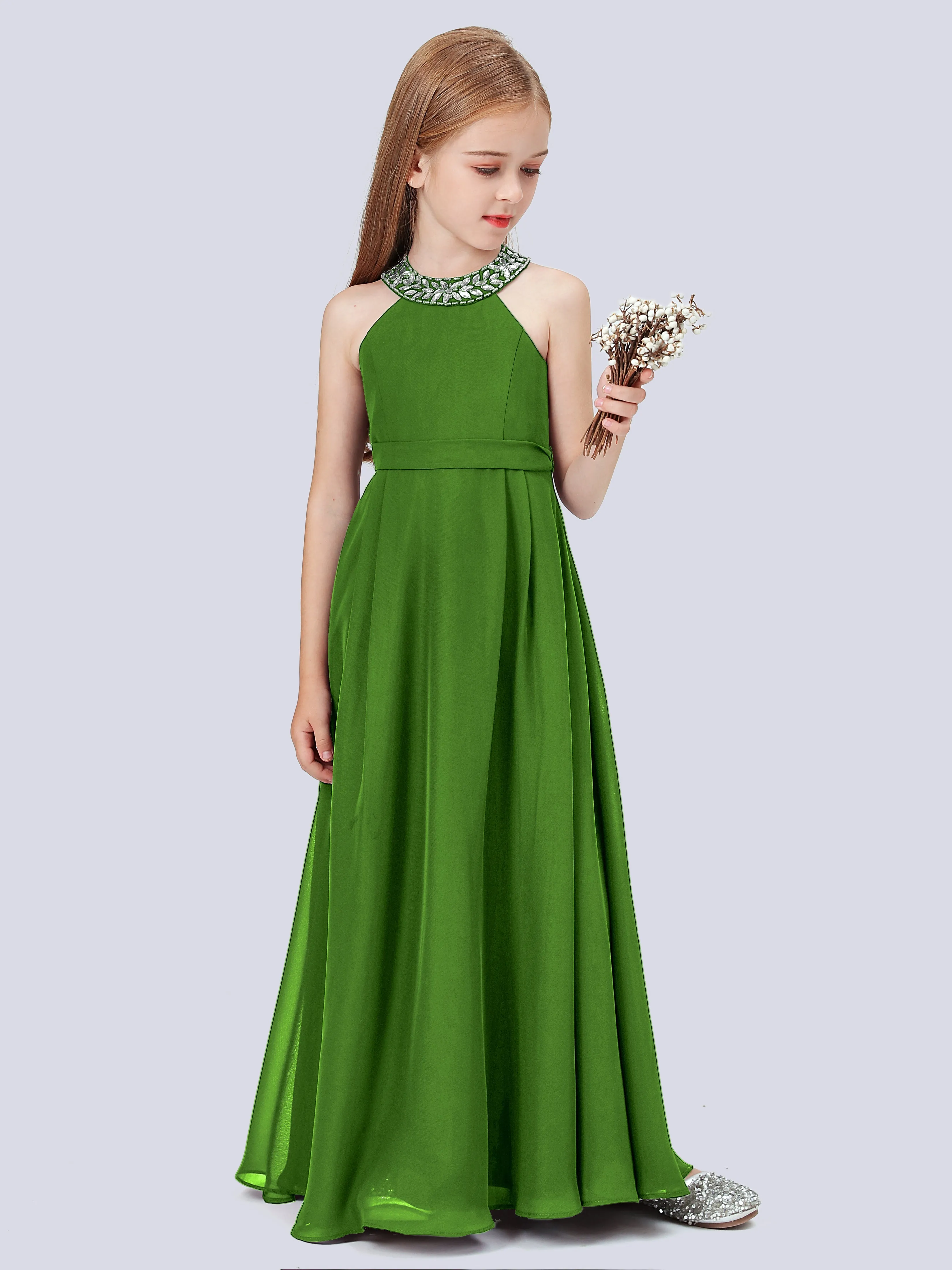 Chiffon Junior Bridesmaid Dress with Beaded Neckline