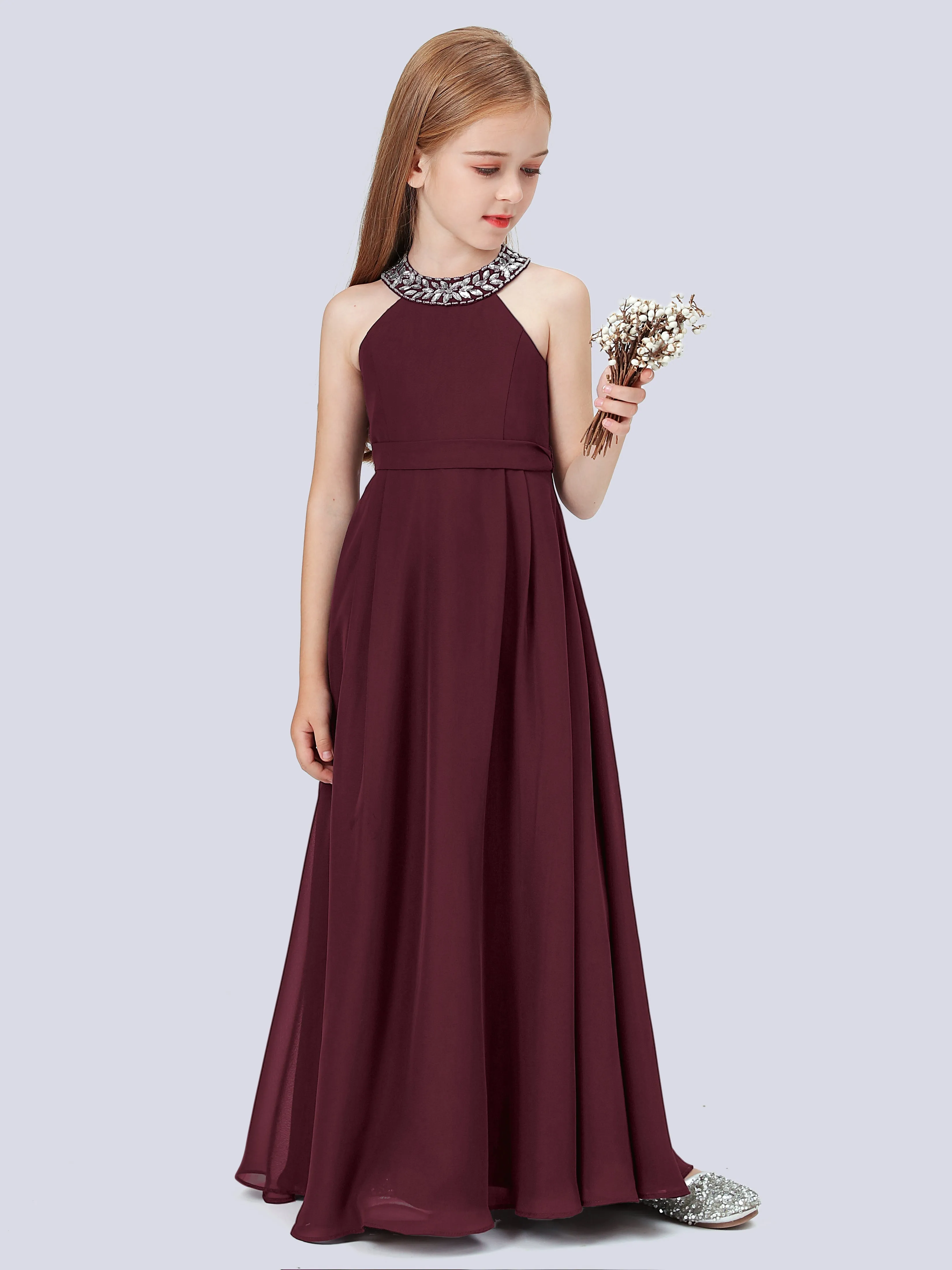 Chiffon Junior Bridesmaid Dress with Beaded Neckline