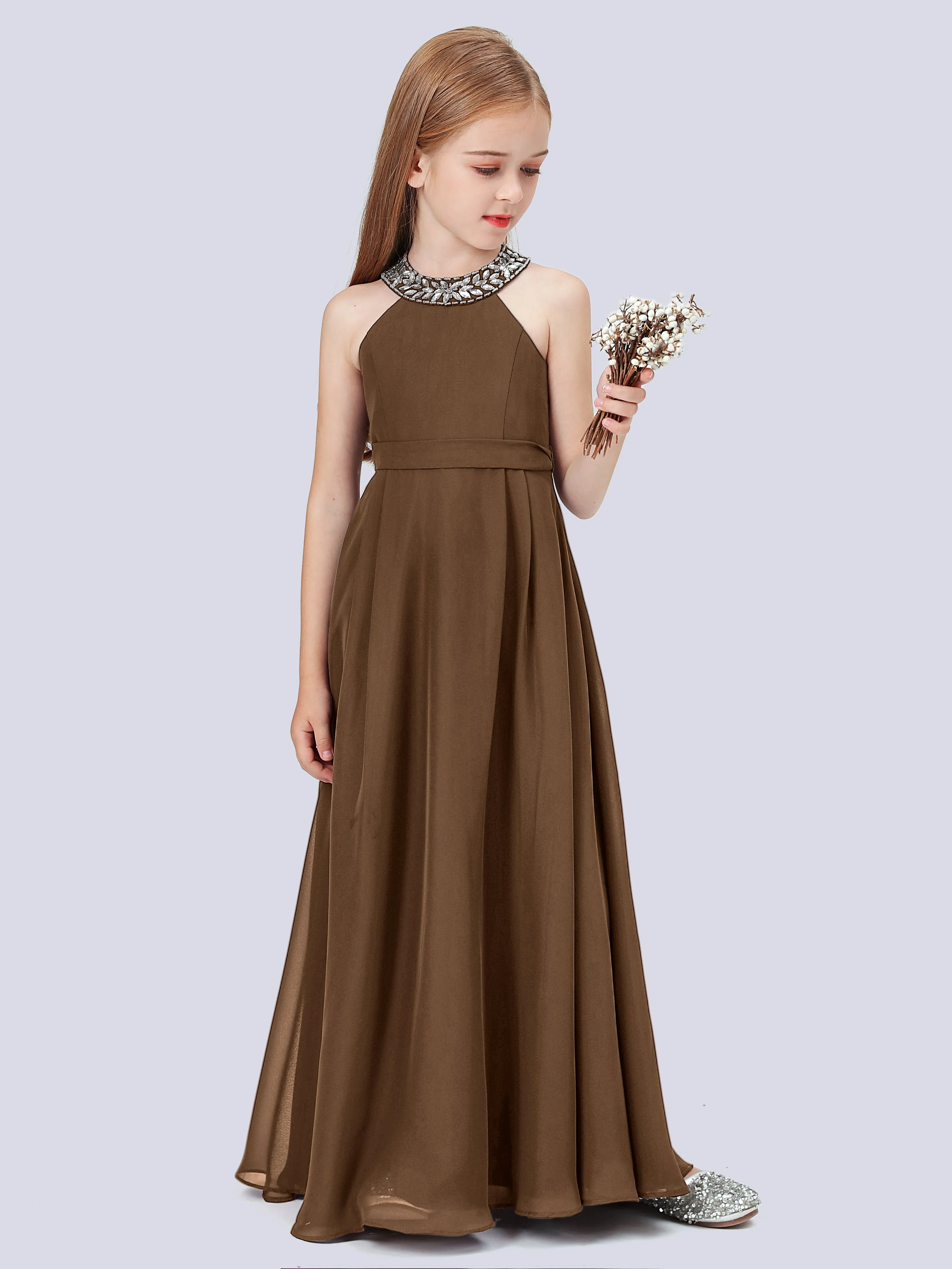 Chiffon Junior Bridesmaid Dress with Beaded Neckline