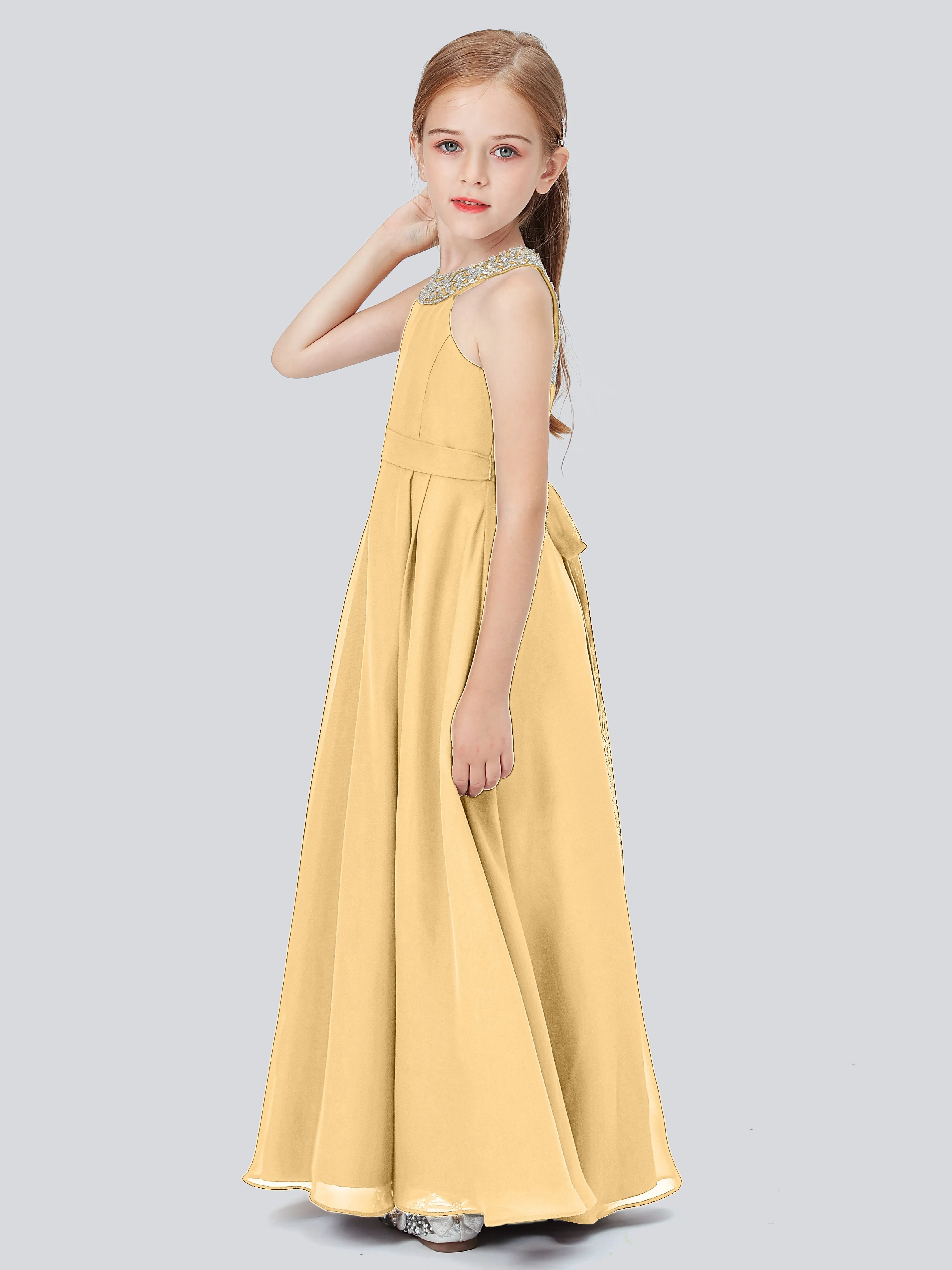 Chiffon Junior Bridesmaid Dress with Beaded Neckline