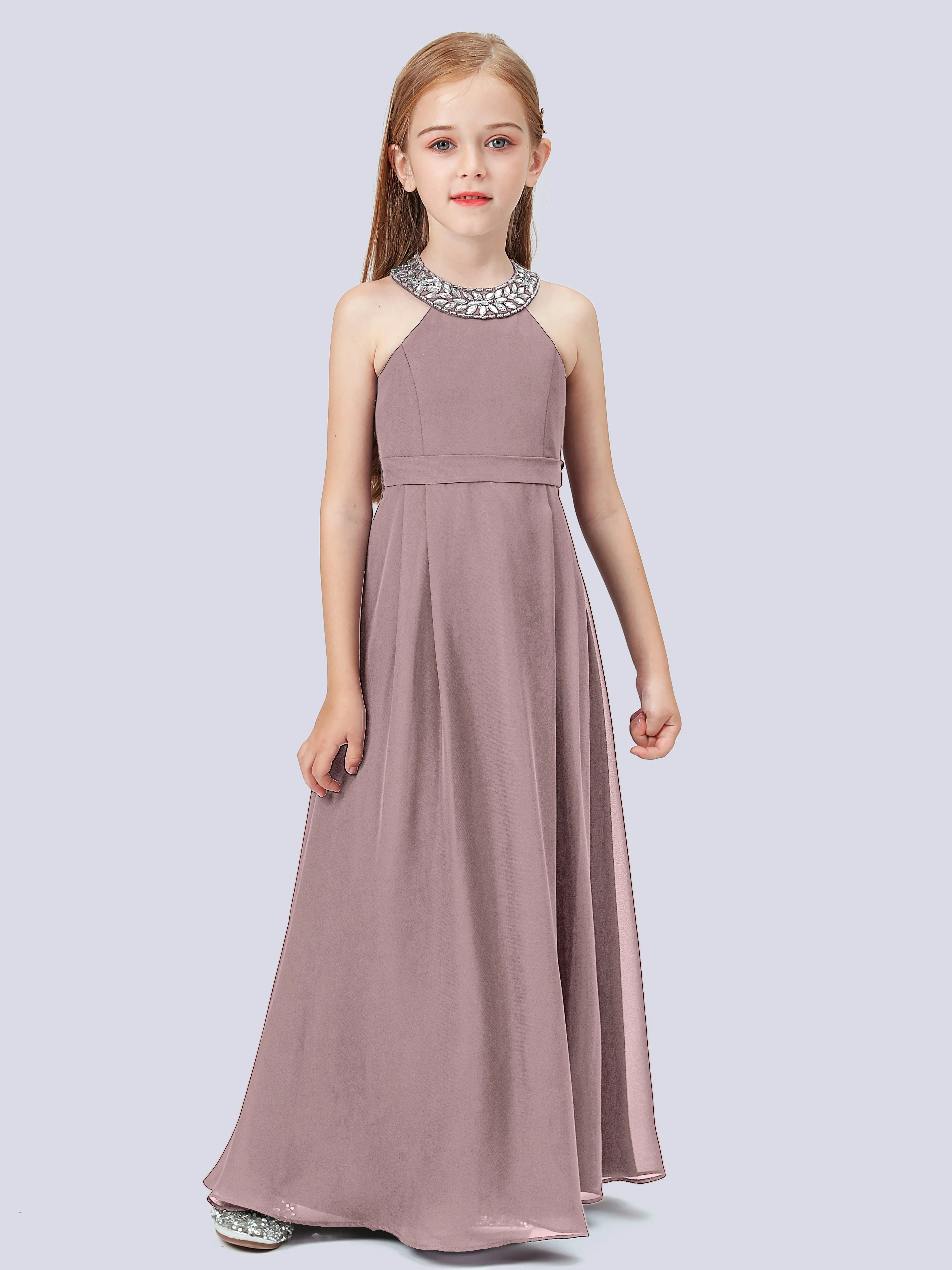 Chiffon Junior Bridesmaid Dress with Beaded Neckline