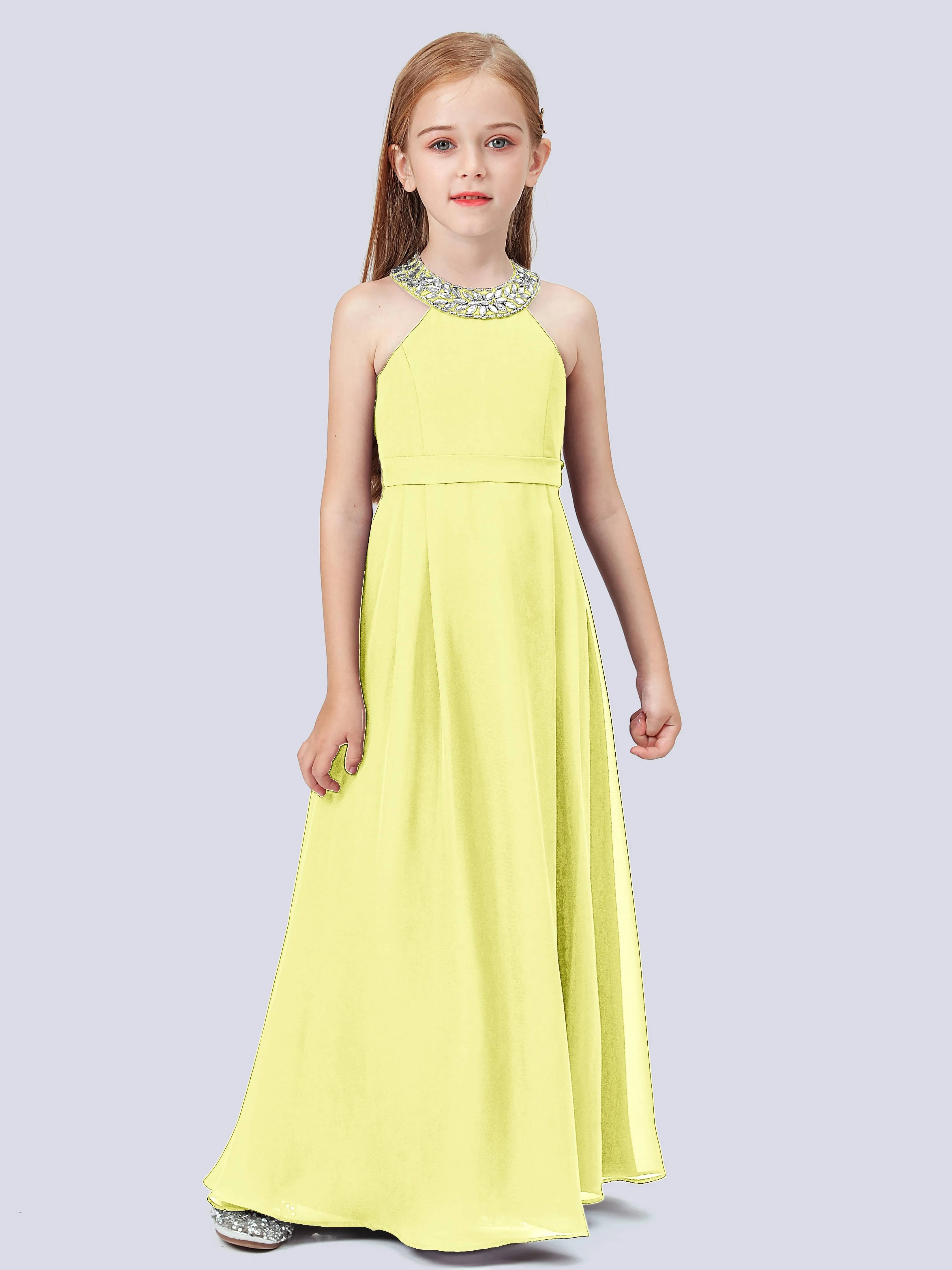 Chiffon Junior Bridesmaid Dress with Beaded Neckline