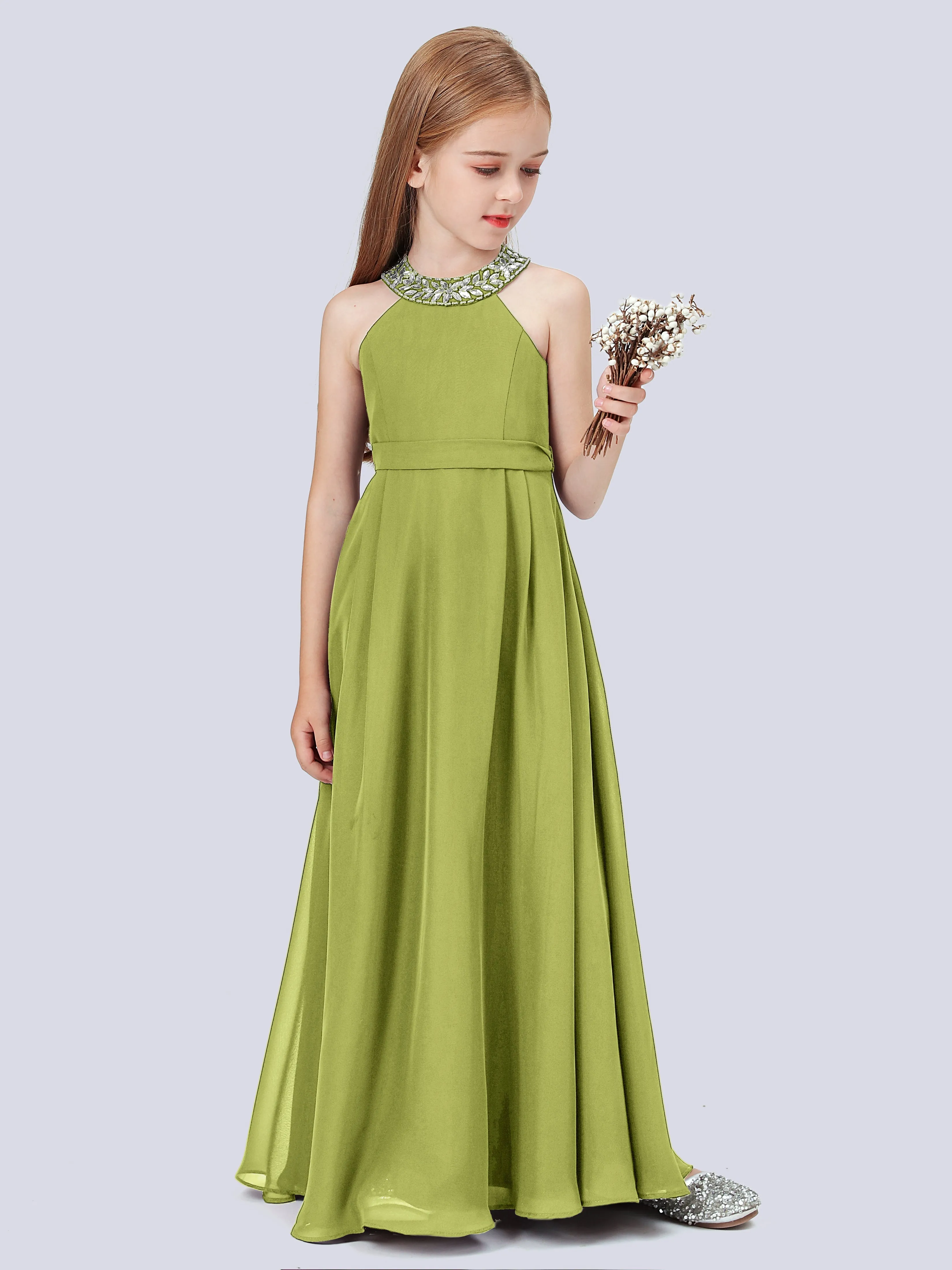 Chiffon Junior Bridesmaid Dress with Beaded Neckline