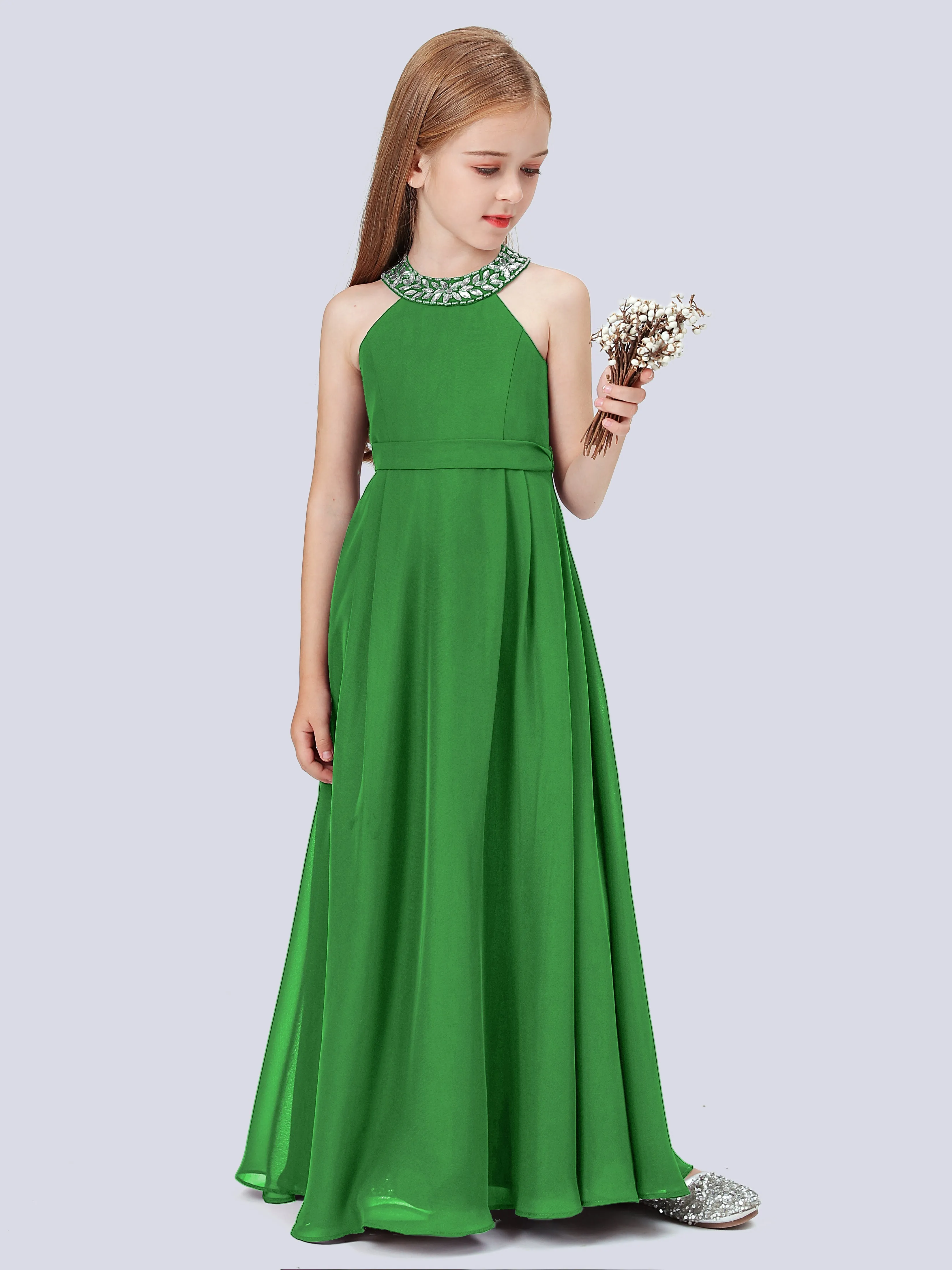 Chiffon Junior Bridesmaid Dress with Beaded Neckline