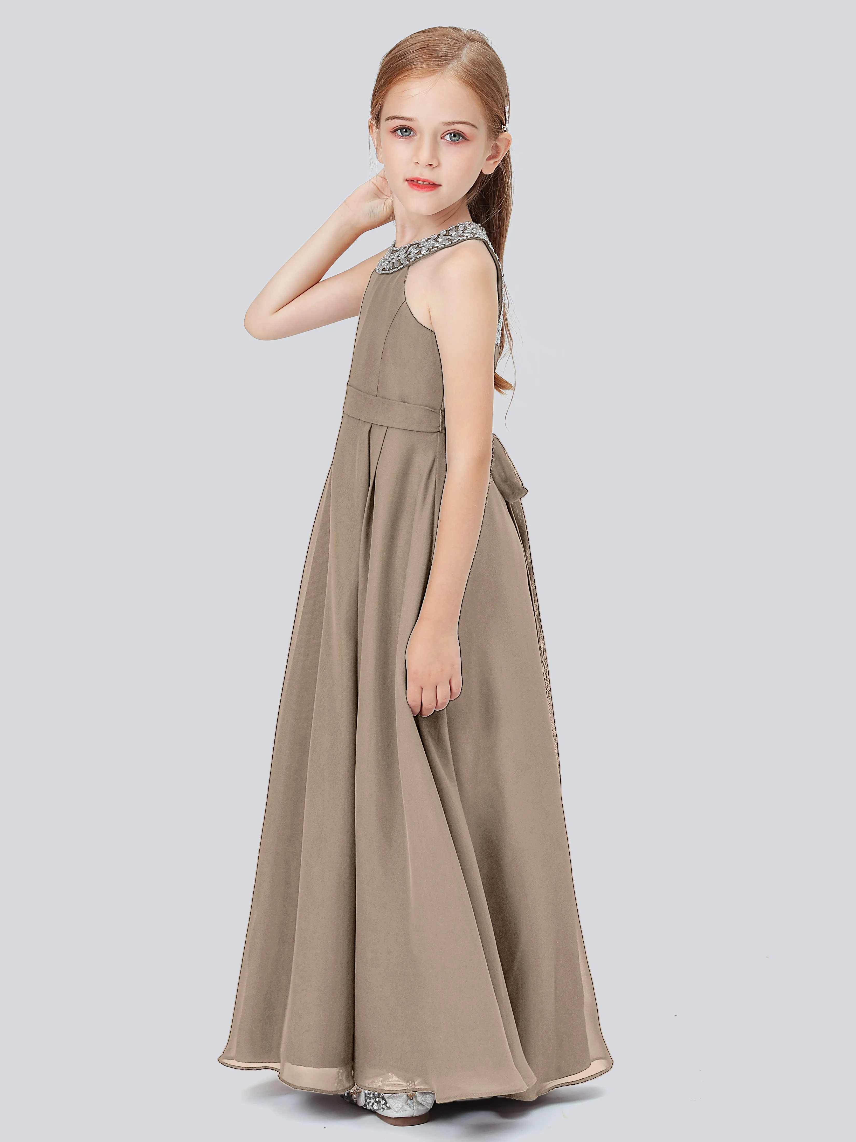 Chiffon Junior Bridesmaid Dress with Beaded Neckline