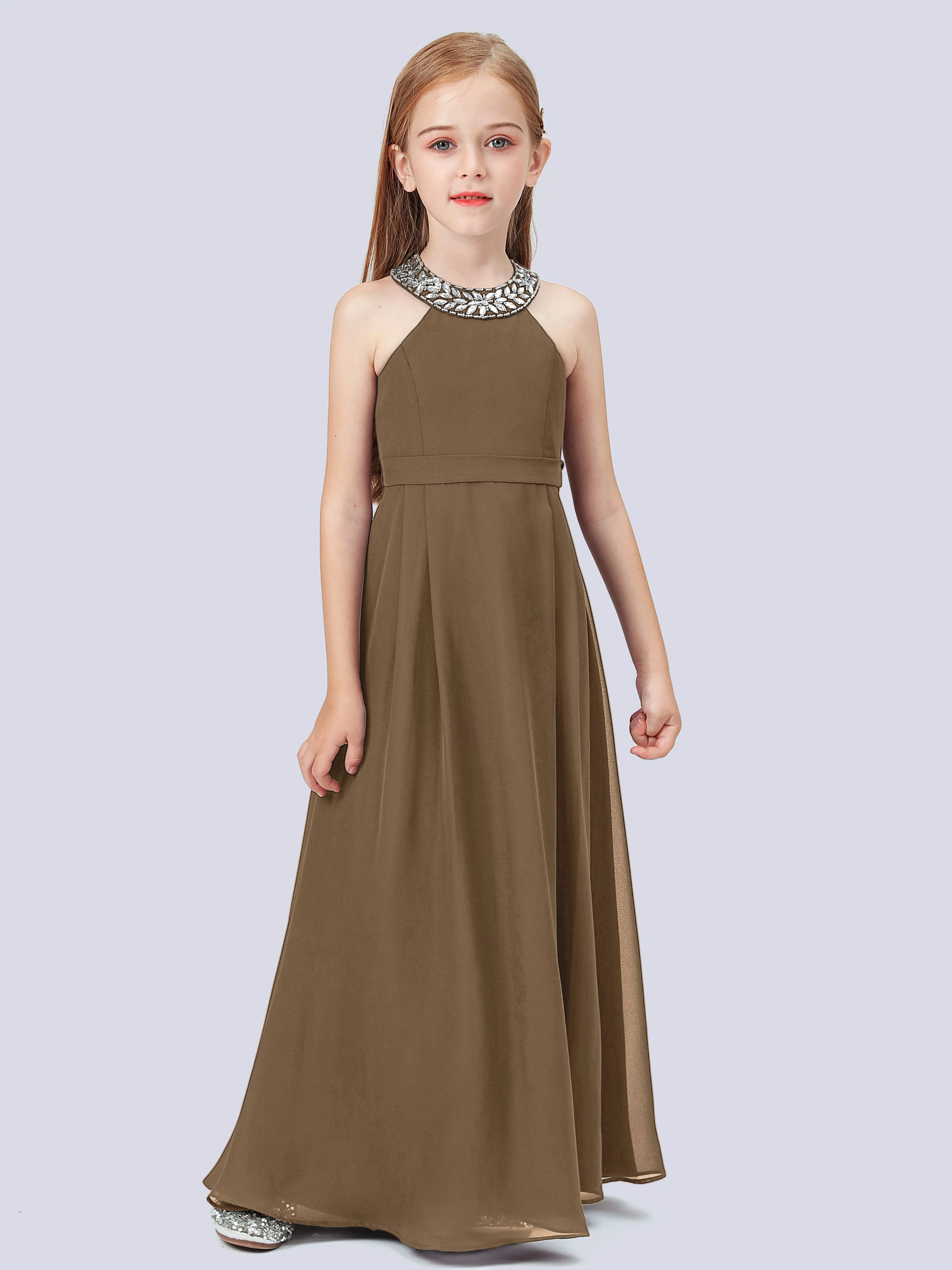 Chiffon Junior Bridesmaid Dress with Beaded Neckline