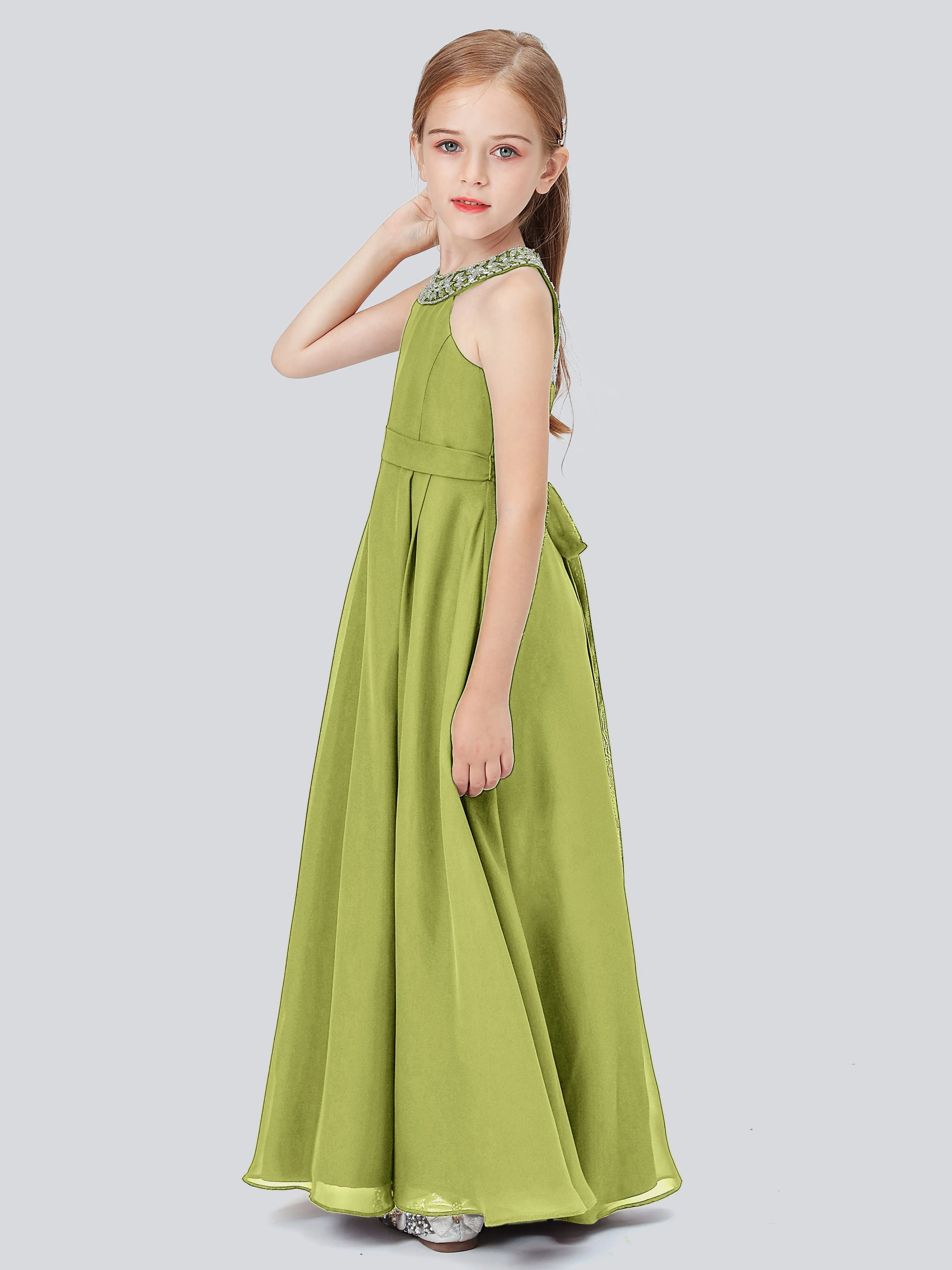 Chiffon Junior Bridesmaid Dress with Beaded Neckline