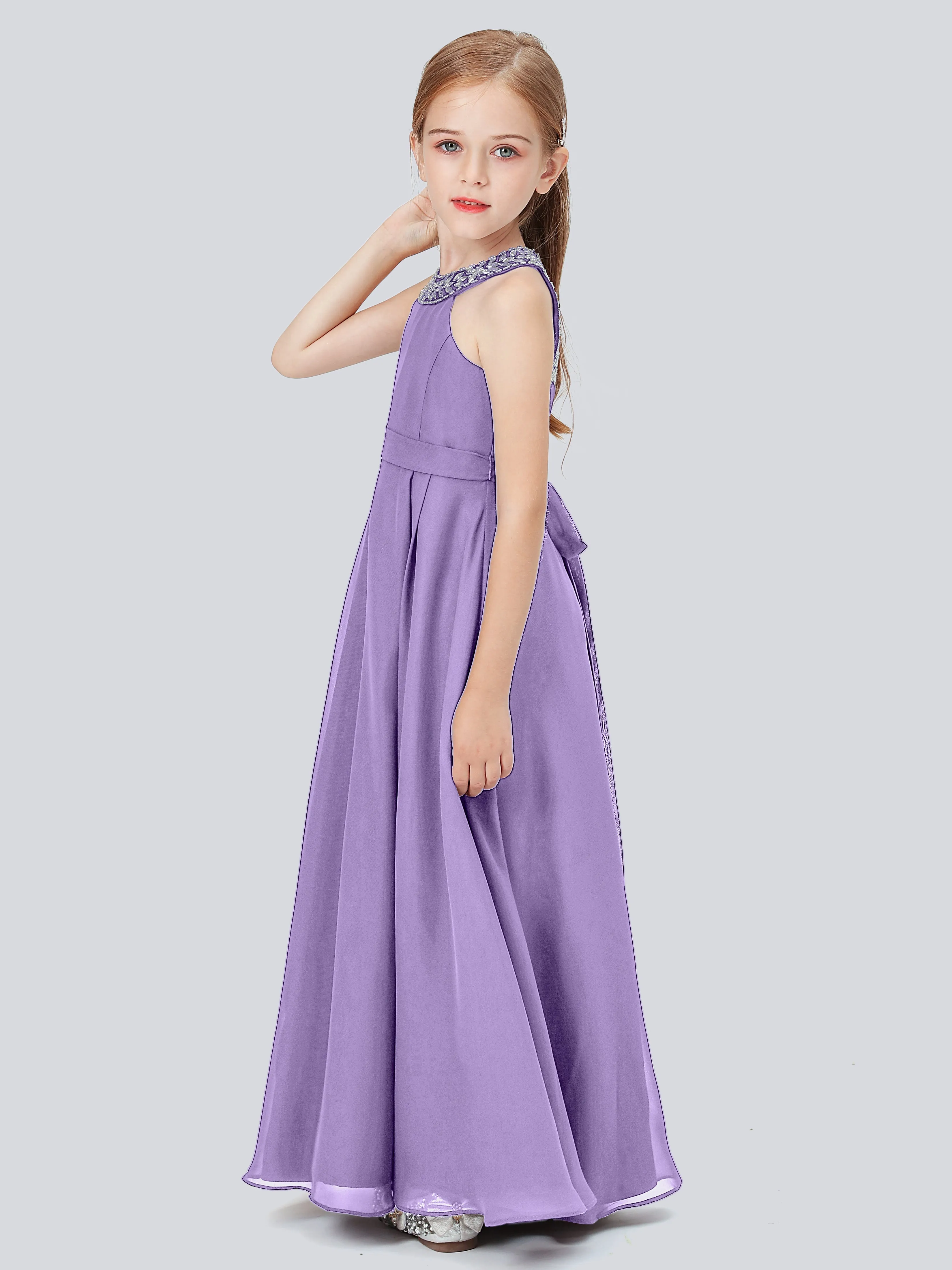 Chiffon Junior Bridesmaid Dress with Beaded Neckline