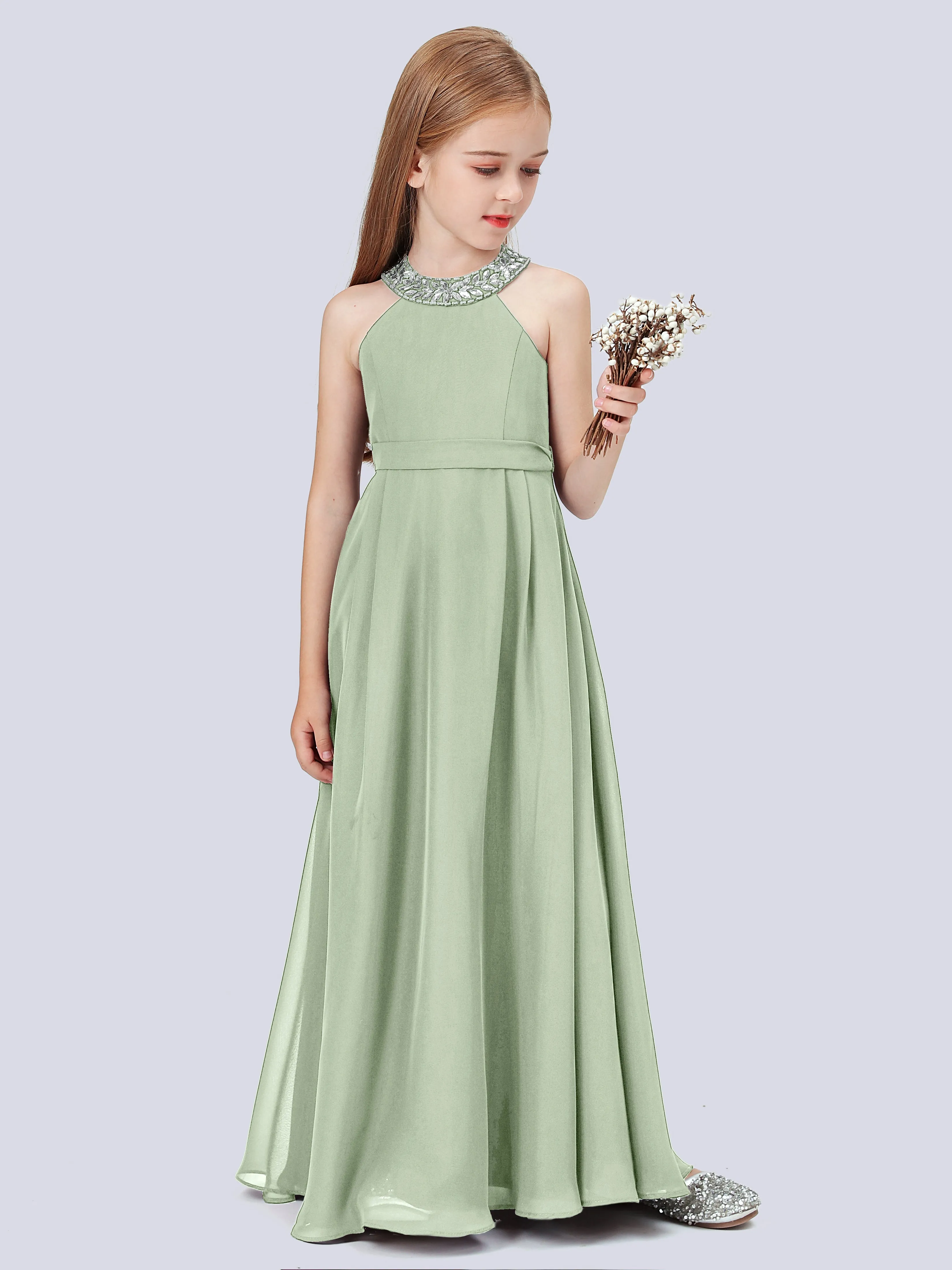 Chiffon Junior Bridesmaid Dress with Beaded Neckline