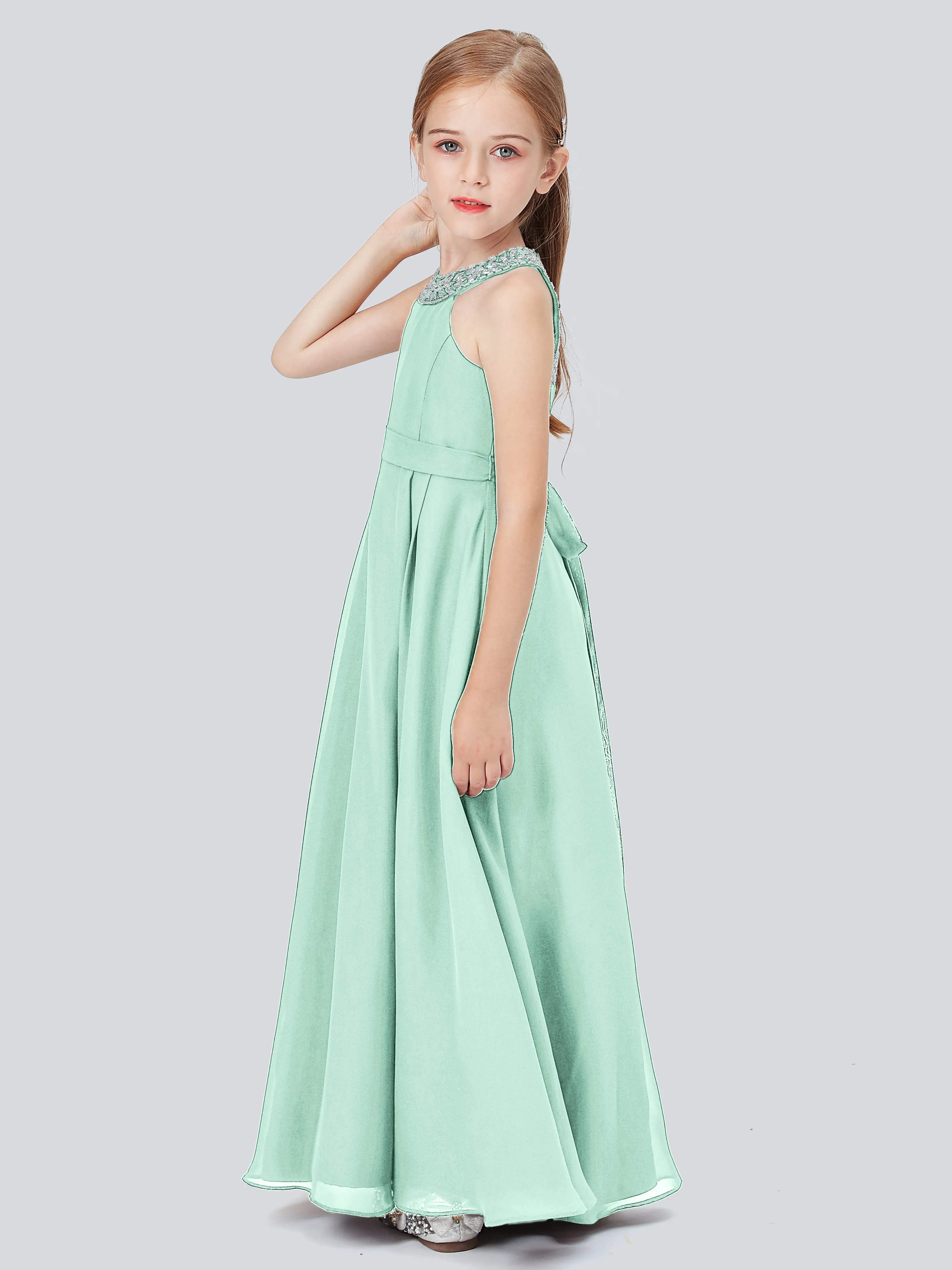 Chiffon Junior Bridesmaid Dress with Beaded Neckline