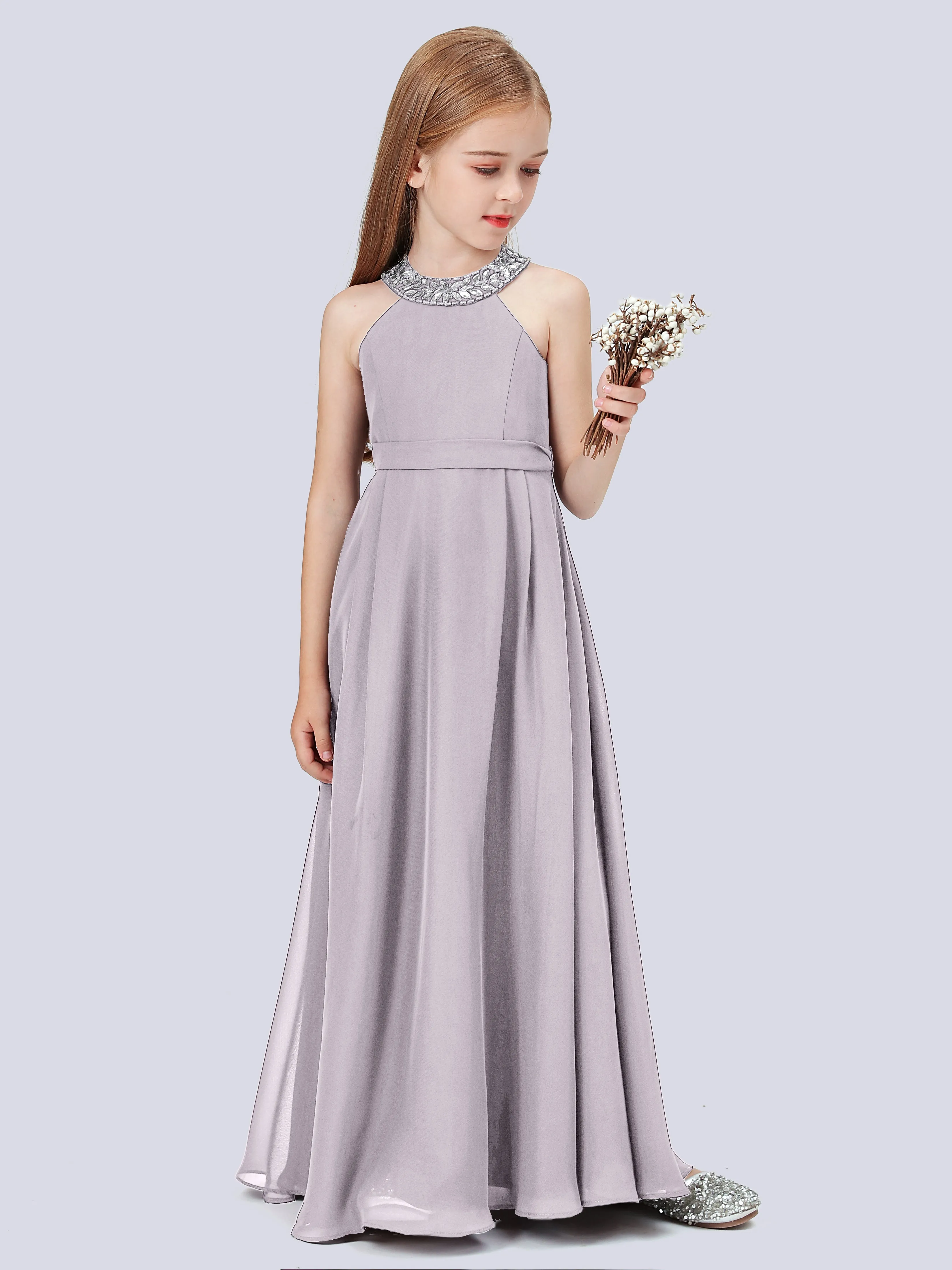 Chiffon Junior Bridesmaid Dress with Beaded Neckline