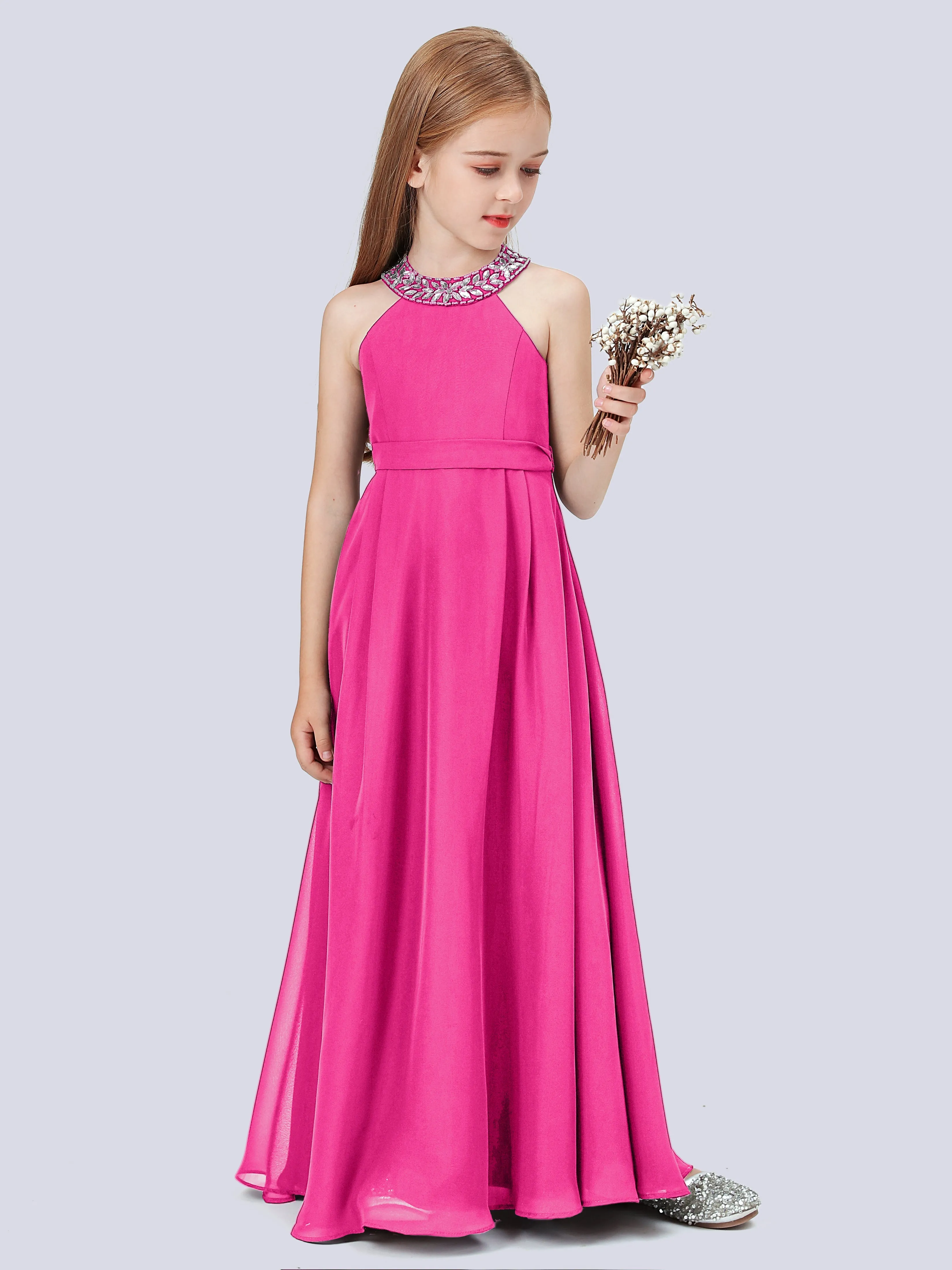 Chiffon Junior Bridesmaid Dress with Beaded Neckline