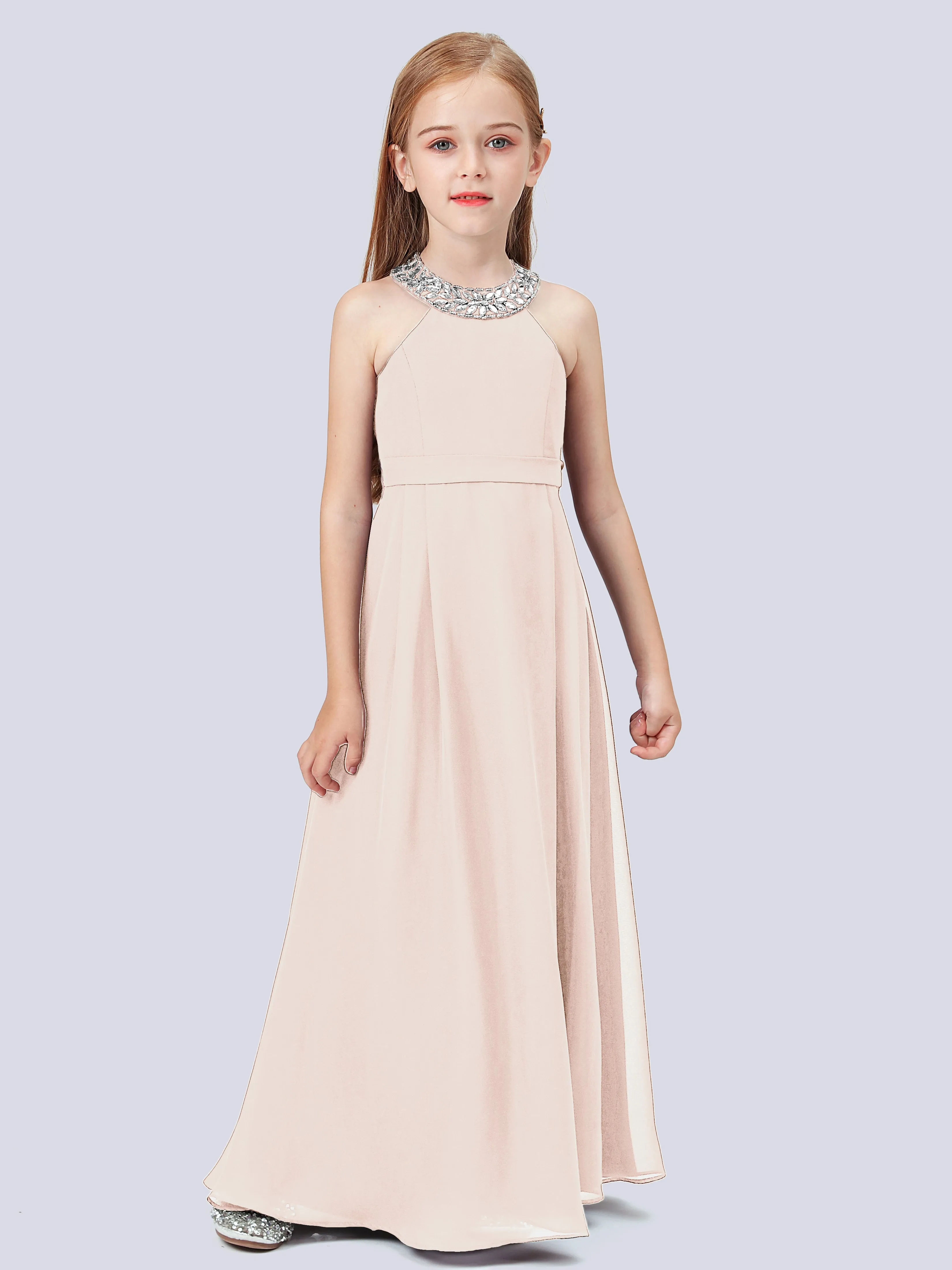 Chiffon Junior Bridesmaid Dress with Beaded Neckline