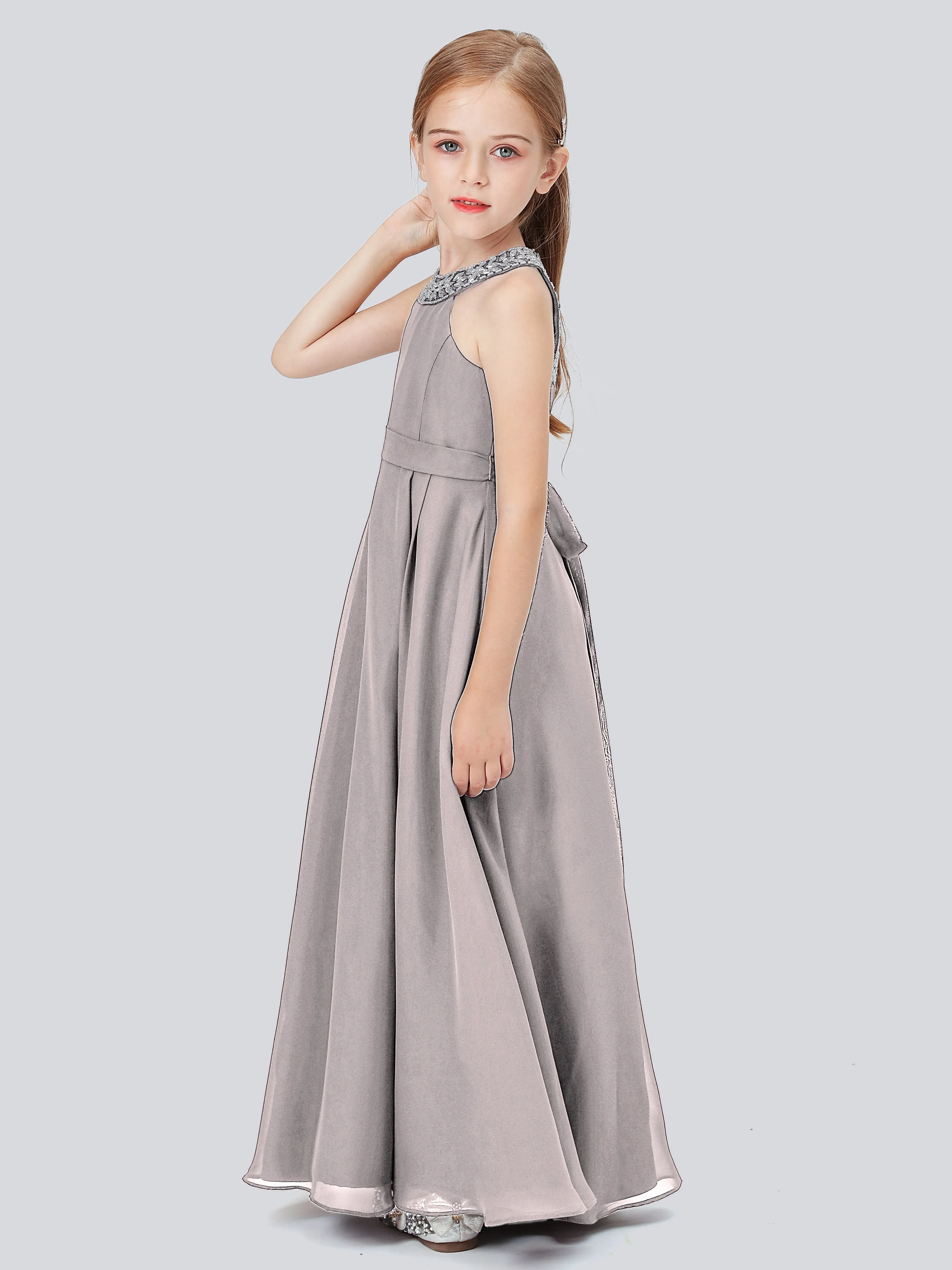 Chiffon Junior Bridesmaid Dress with Beaded Neckline