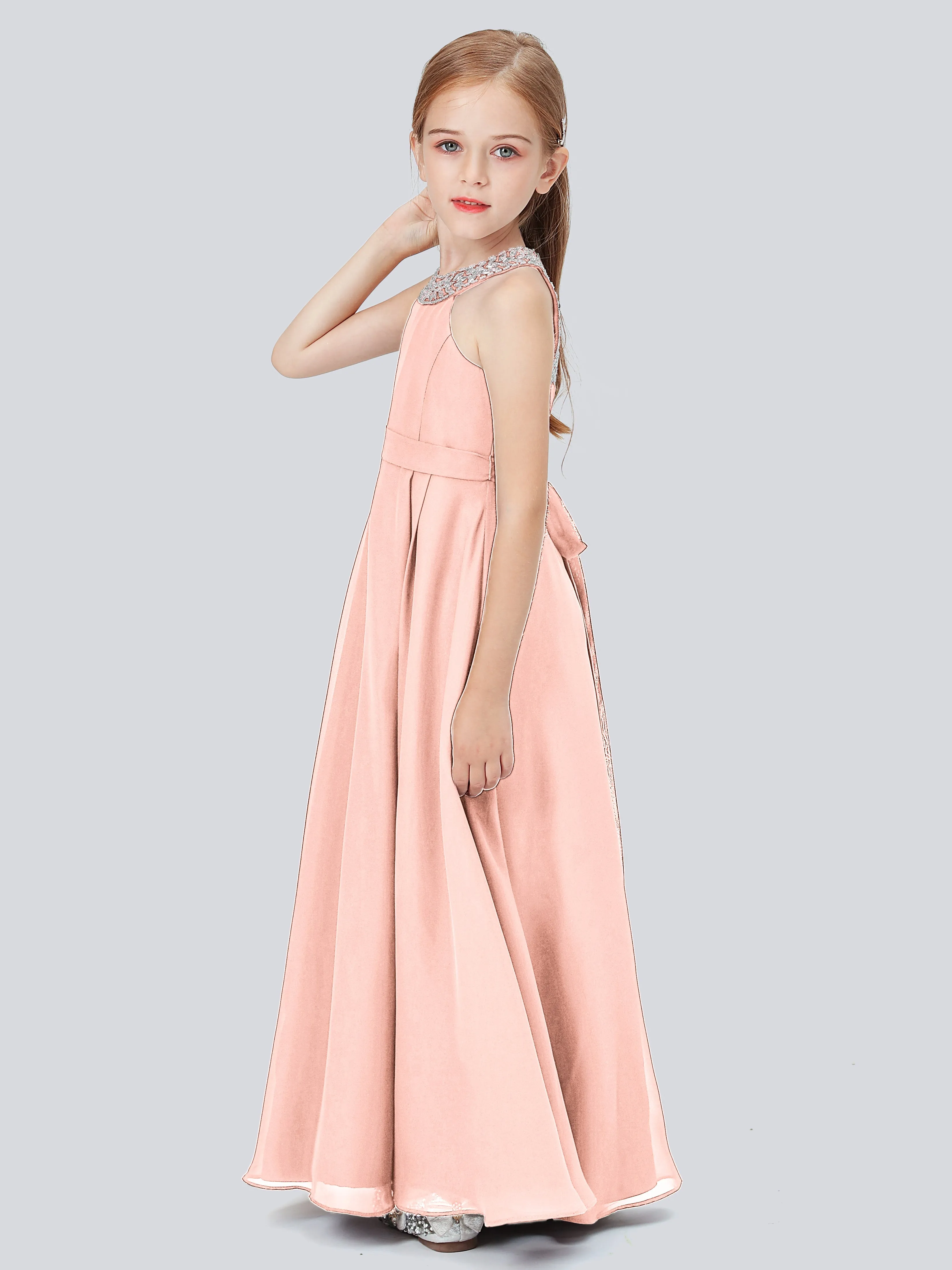 Chiffon Junior Bridesmaid Dress with Beaded Neckline