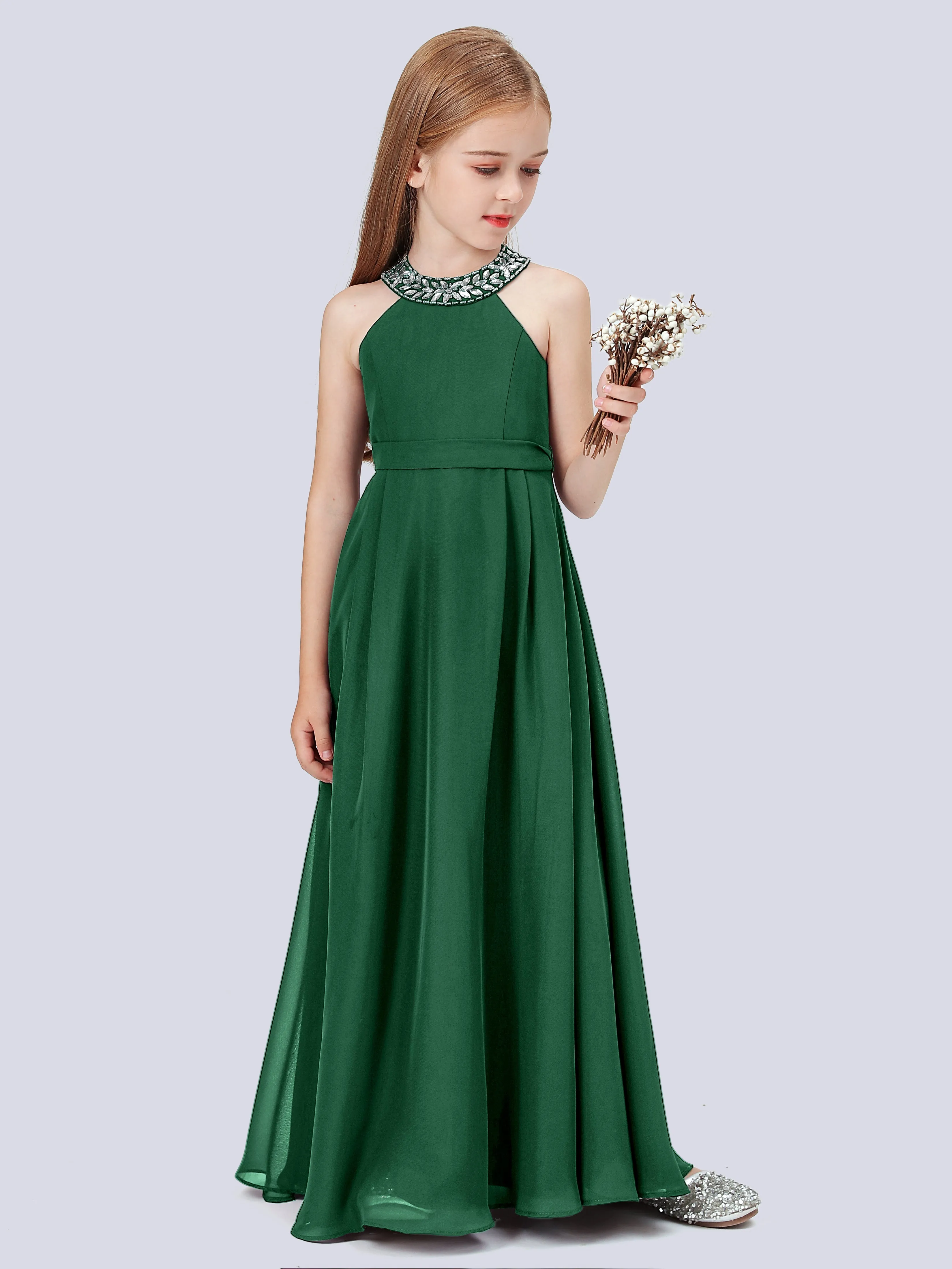 Chiffon Junior Bridesmaid Dress with Beaded Neckline