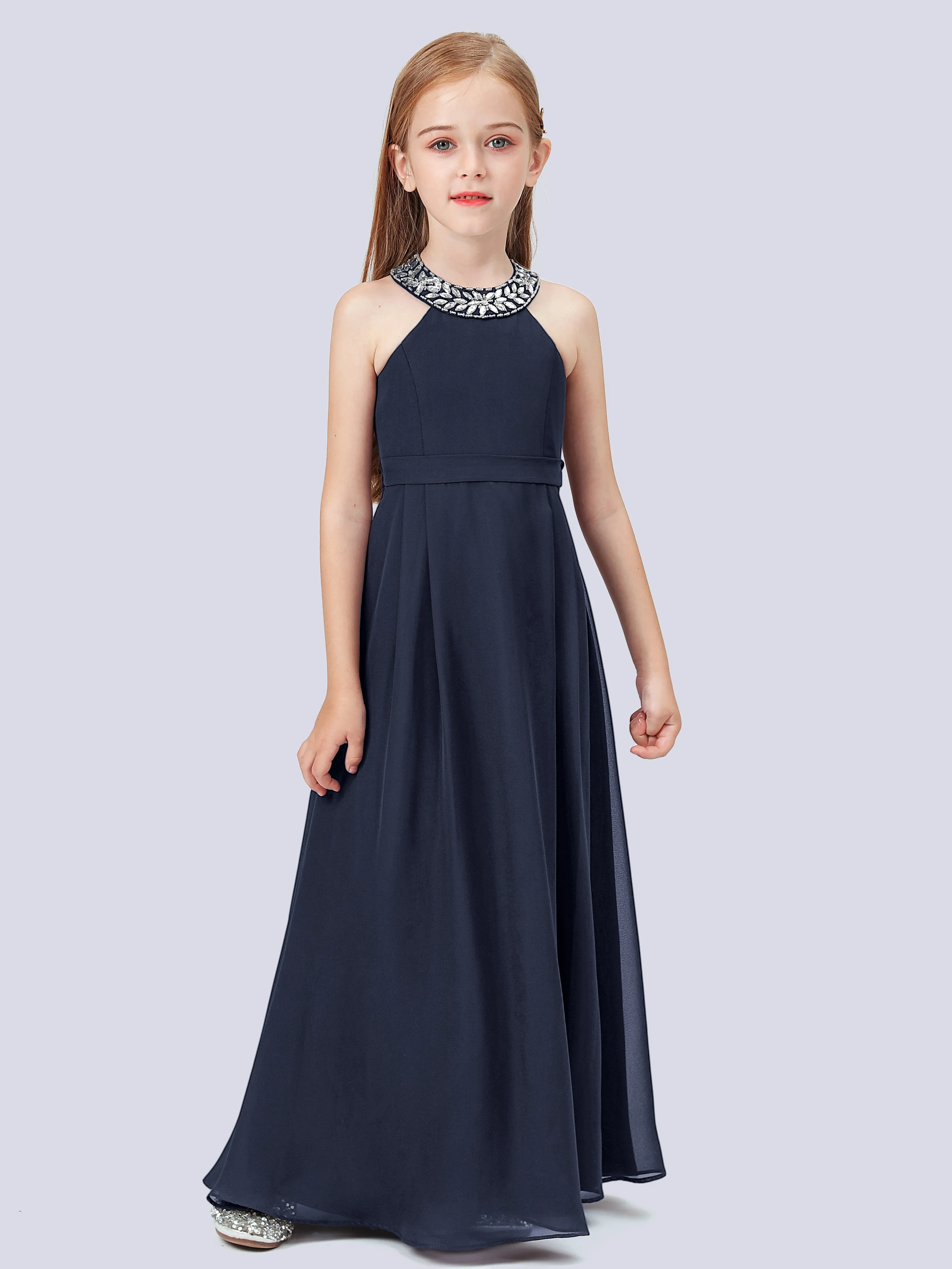 Chiffon Junior Bridesmaid Dress with Beaded Neckline