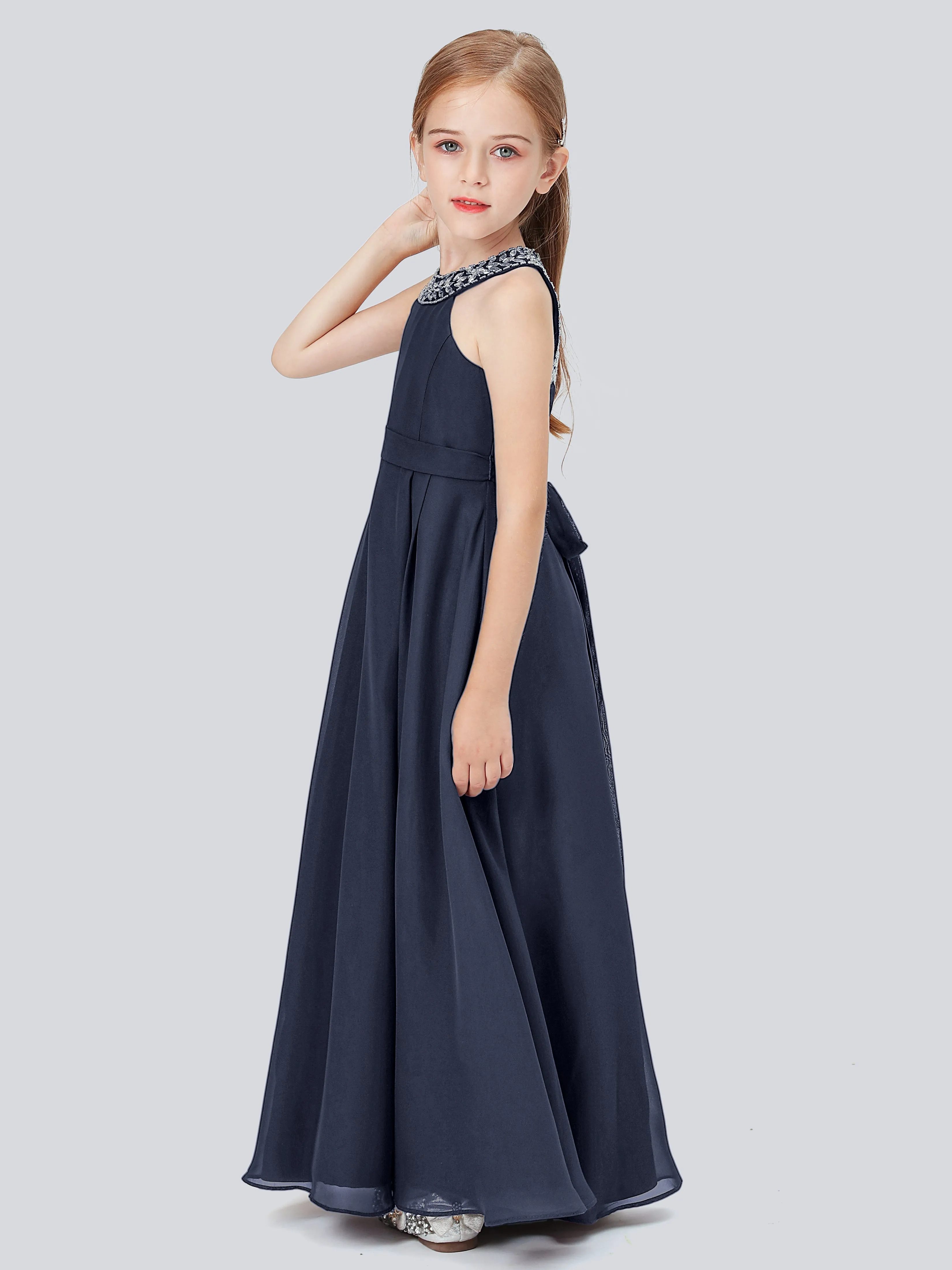 Chiffon Junior Bridesmaid Dress with Beaded Neckline