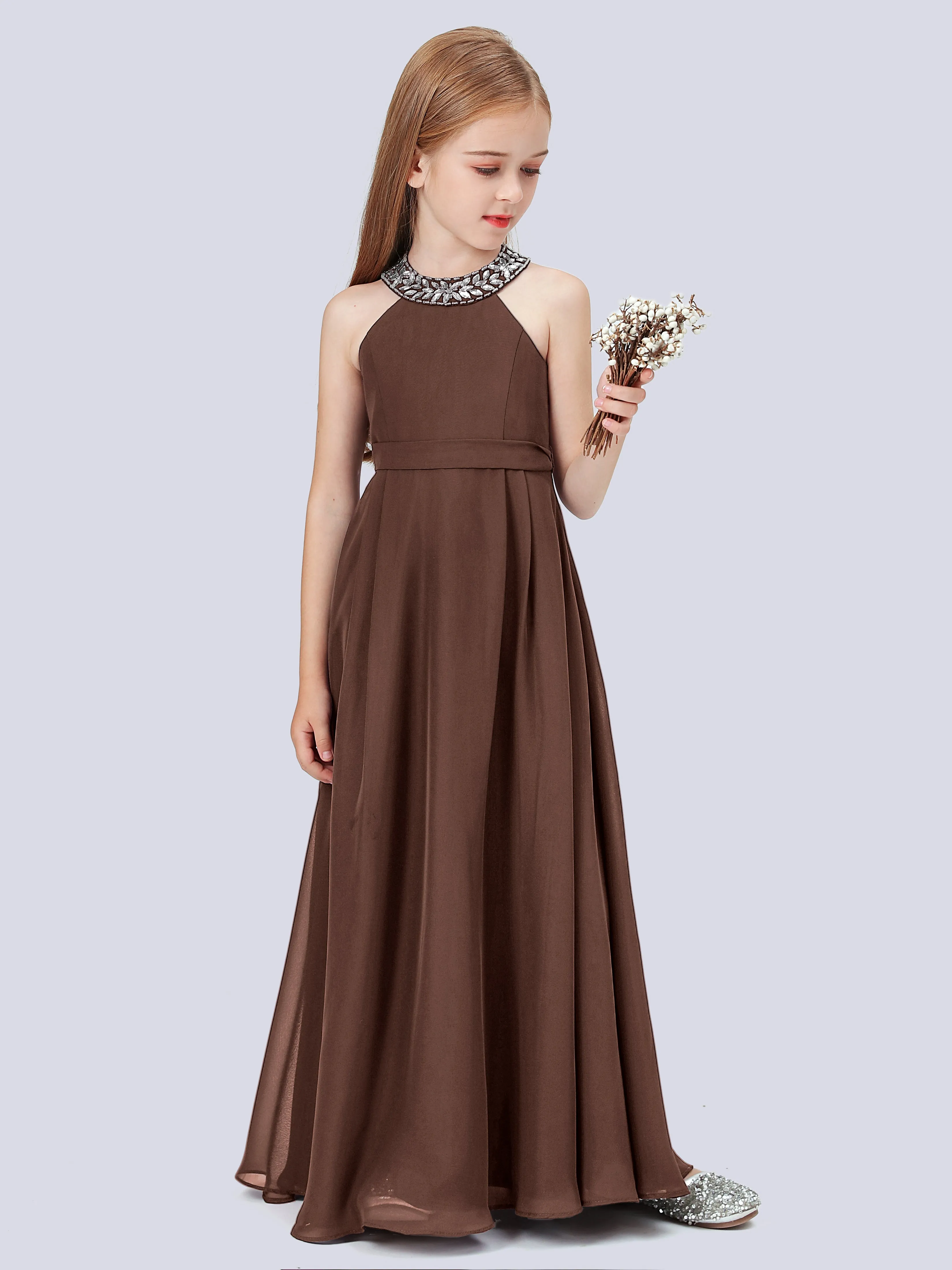 Chiffon Junior Bridesmaid Dress with Beaded Neckline