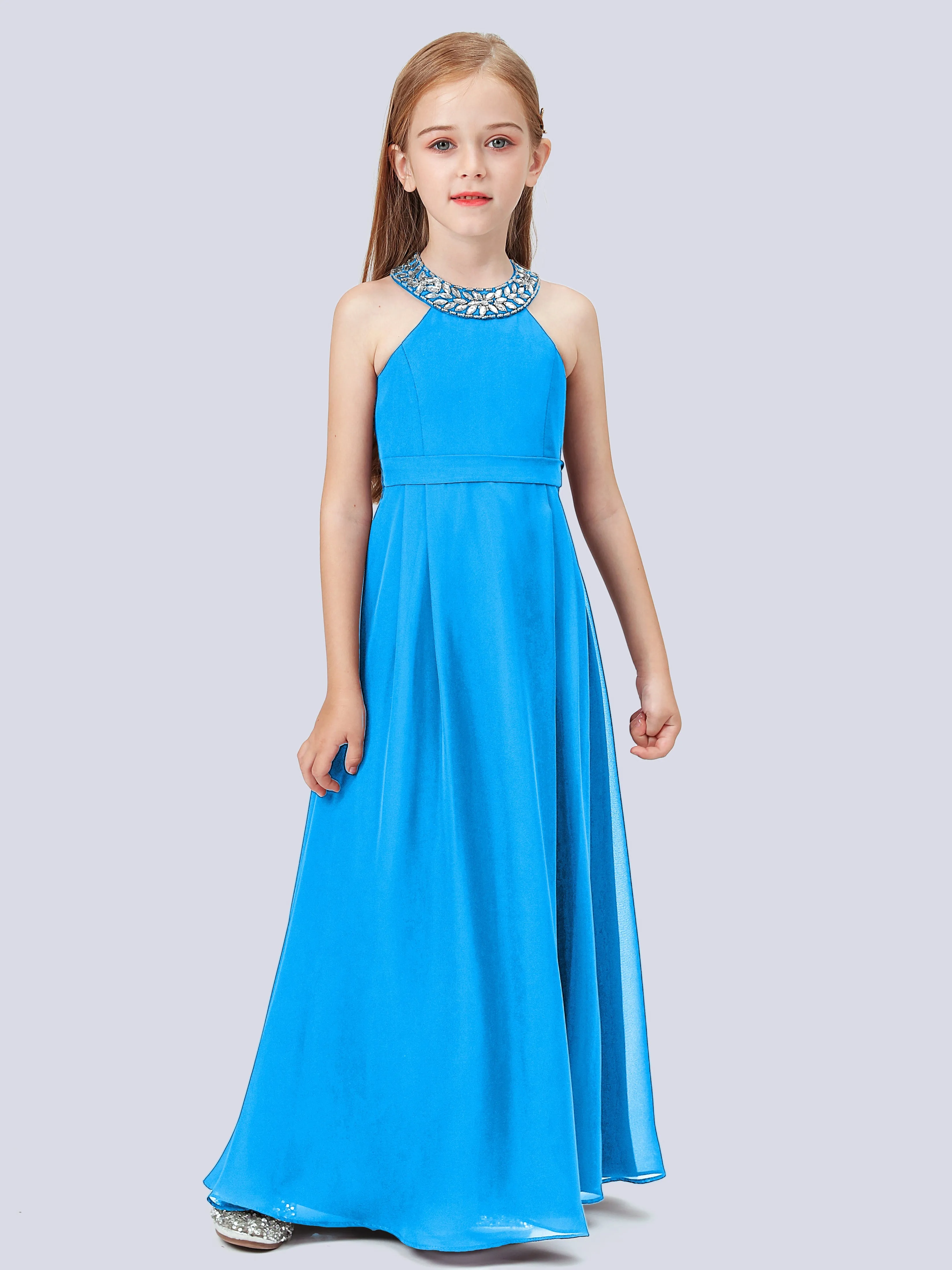 Chiffon Junior Bridesmaid Dress with Beaded Neckline